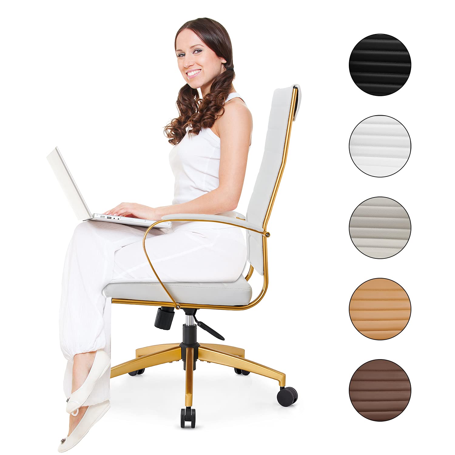 Modern Gold Ergonomic Office Chair with Wheels & Adjustable Arms - High Back Leather Executive Desk Chair for Home & Office - Comfortable Computer Chair for Long Hours (GD-White) - Perfect for Workspaces, Gaming & Conference Rooms
