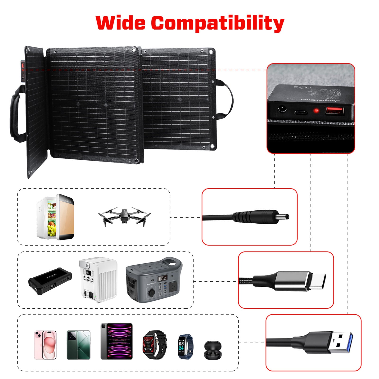 100W Portable Solar Panel Charger - Foldable & Lightweight for Outdoor Camping, Hiking, RV Trips | JumpsPower Solar Generator for Phones, Laptops, Emergency Power Supply