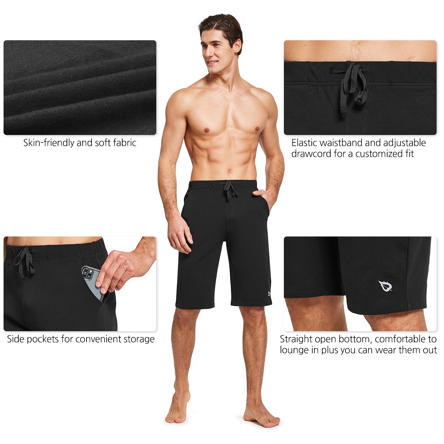 Baleaf Men's Cotton Athletic Shorts - Below Knee Workout, Yoga, Lounge & Sleep Pajama Shorts with Pockets | Gym, Running, Travel & Home Comfort Wear