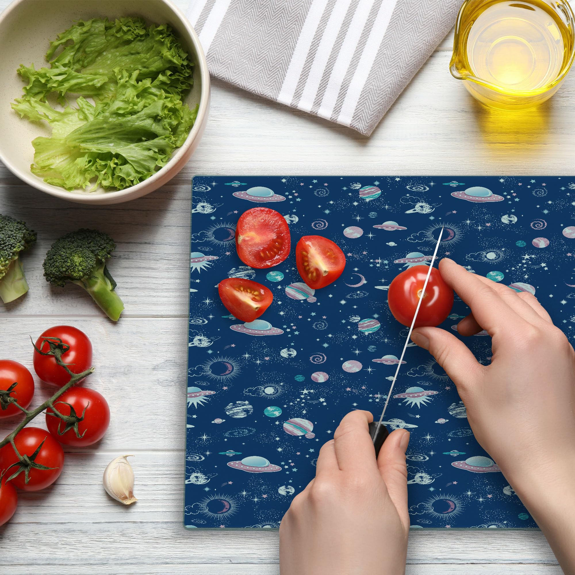 Ambesonne Blue Sky Tempered Glass Cutting Board - Abstract Saturn UFO Aliens Galaxy Planets Design - Large Decorative Serving Board for Kitchen & Dining - Perfect for Entertaining, Charcuterie & Cheese Platters