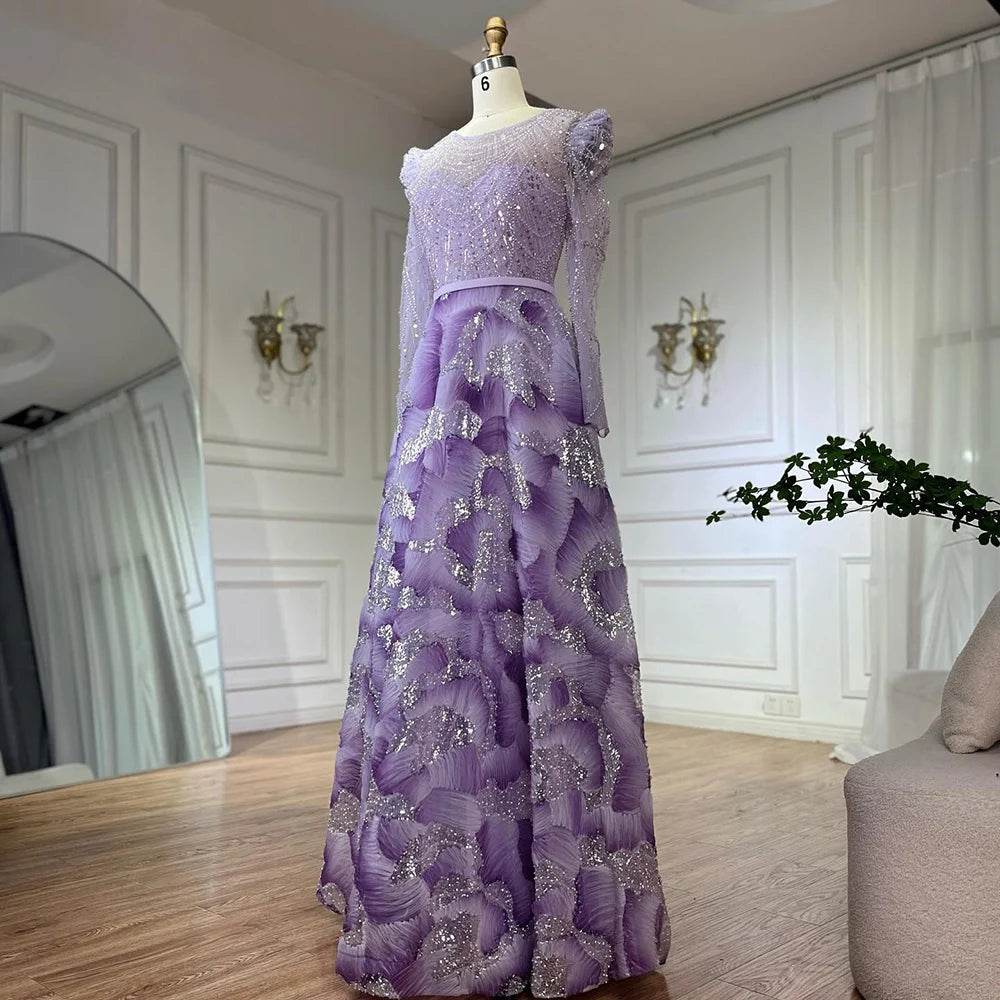 Elegant Muslim Beaded A-Line Evening Gown for Women - Luxury Dubai Style Formal Dress LA72847 | Perfect for Weddings, Galas & Special Occasions