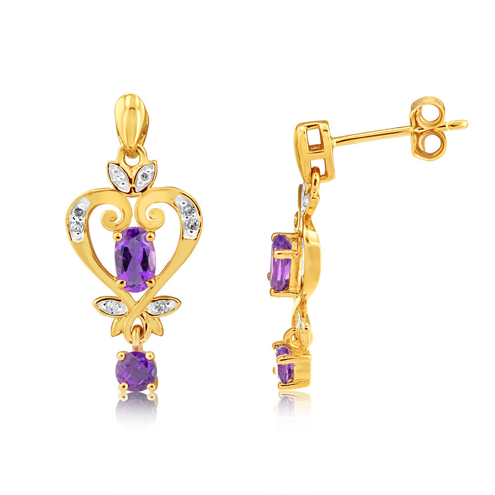 9ct Yellow Gold Amethyst and Diamond Drop Earrings for Women - Elegant Dangling Jewelry for Weddings, Parties & Special Occasions