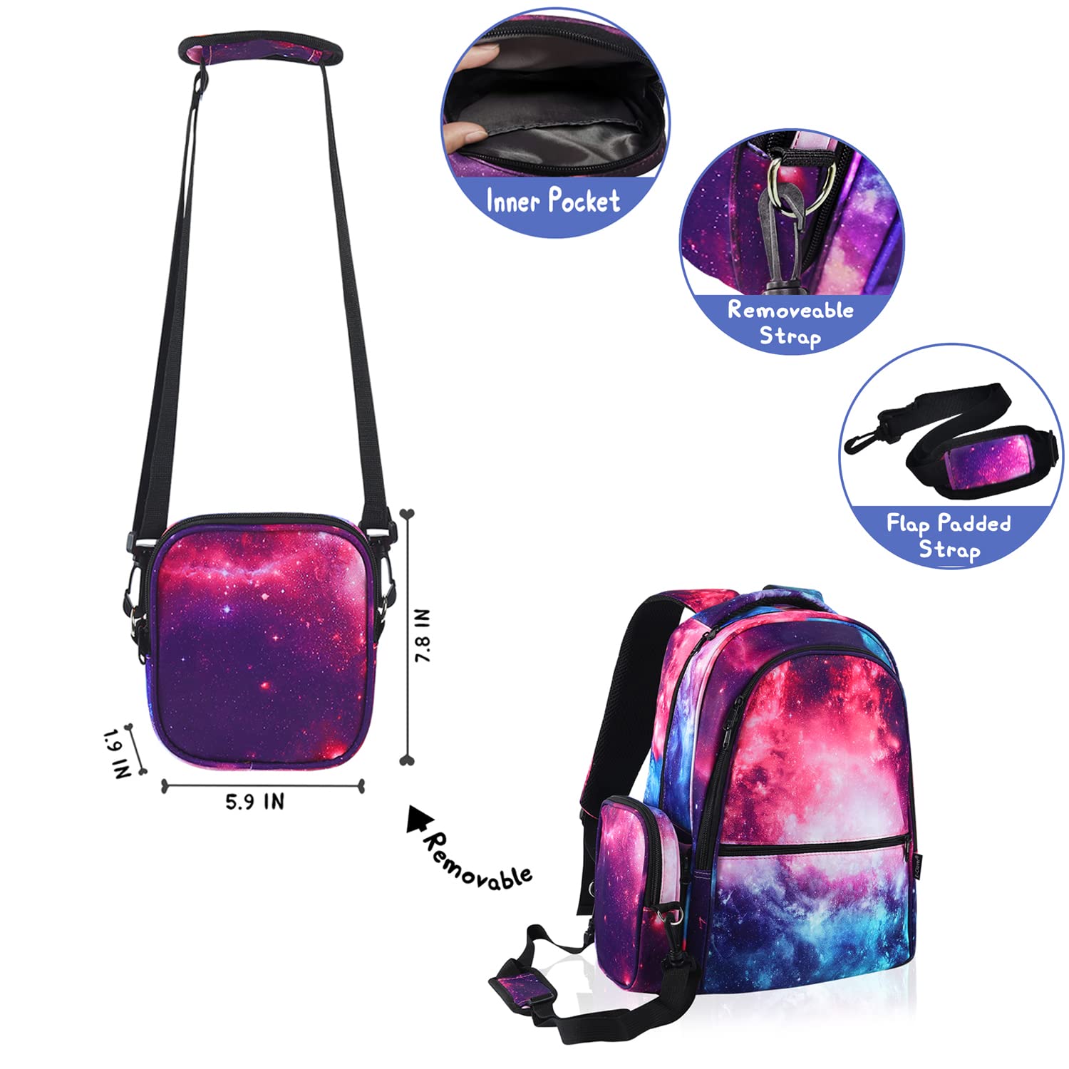**E-Clover Galaxy Backpack for Girls & Kids - School Backpack with Lunch Box Set, Space Themed Purple Backpack for Elementary & Kindergarten - Perfect for School, Travel & Daily Use**