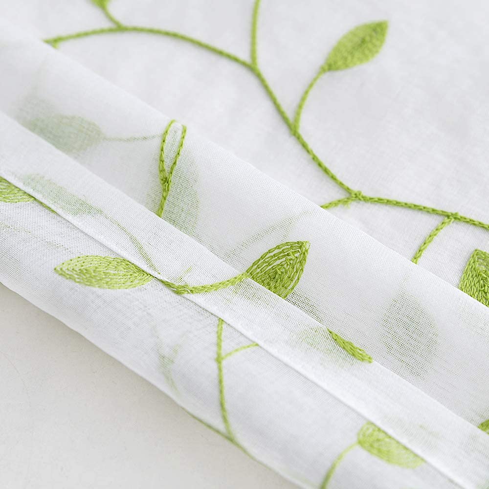 MRTREES Sheer Tier Curtains 30x24 Inches - 2 Panel Set with Leaf Embroidery, Rod Pocket Voile Kitchen & Bathroom Window Treatments for Half Windows | Perfect for Bedroom, Living Room & Dorm Decor (Green Leaves)