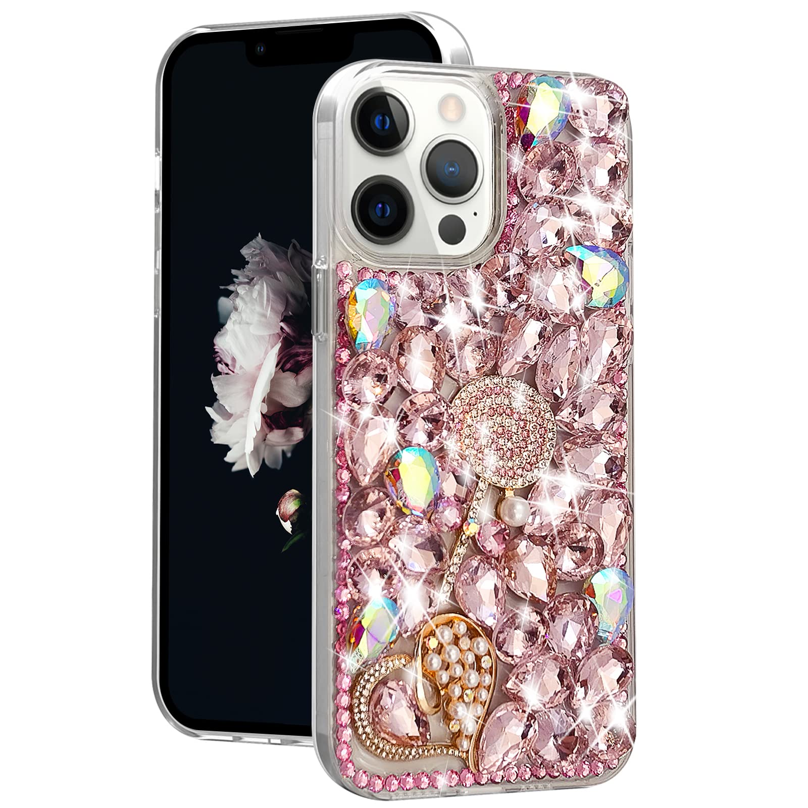 Losin Luxury Diamond Rhinestone Case for iPhone 13 Pro Max - Sparkling 3D Glitter Cover with Heart & Pearl Design - Fashion Bling Phone Case for Women & Girls (Perfect for Parties, Weddings & Special Occasions)