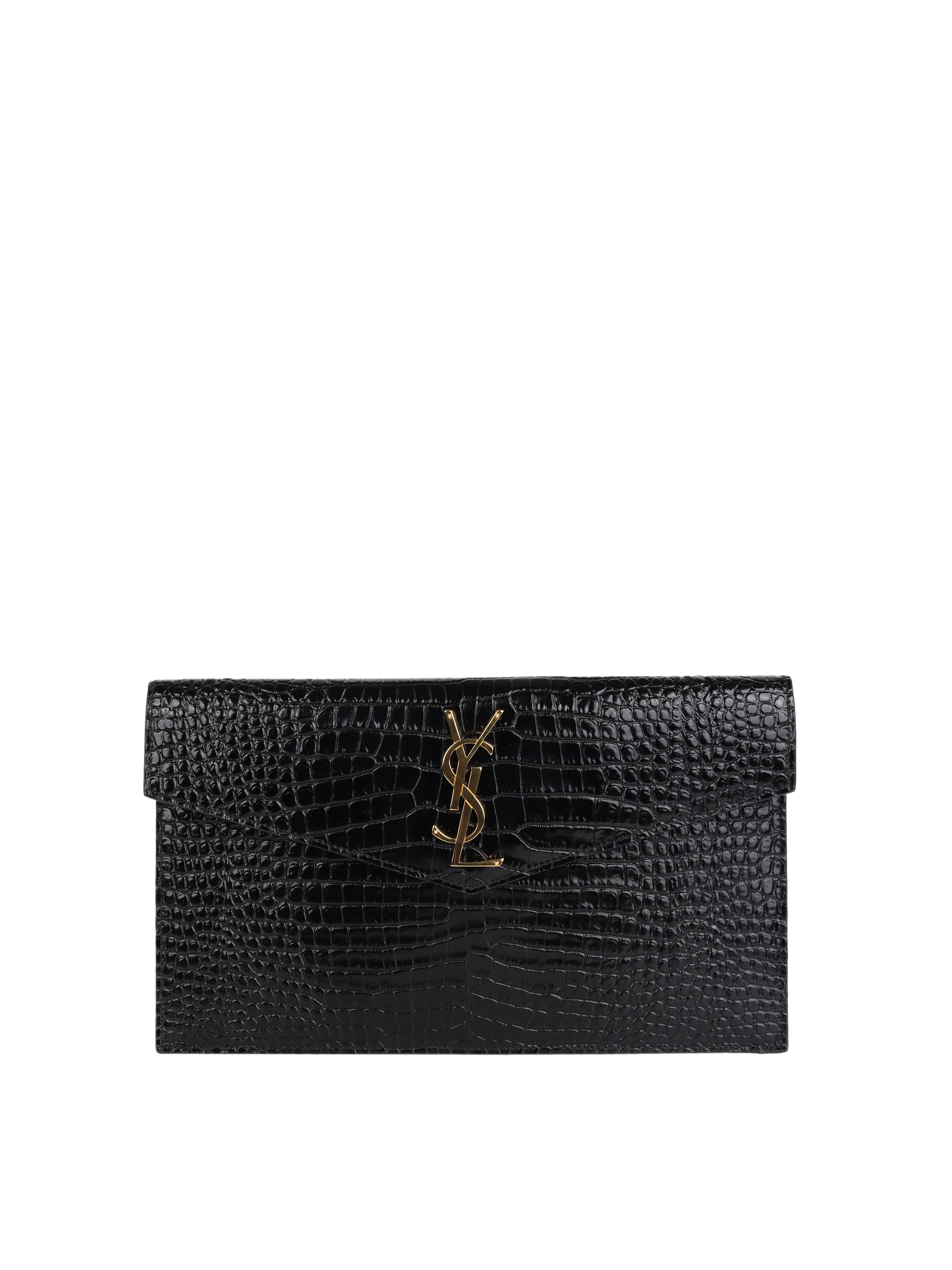 Saint Laurent Black Croc Embossed Uptown Pouch with Gold Hardware - Luxury Evening Clutch for Women, Perfect for Parties, Weddings & Special Occasions