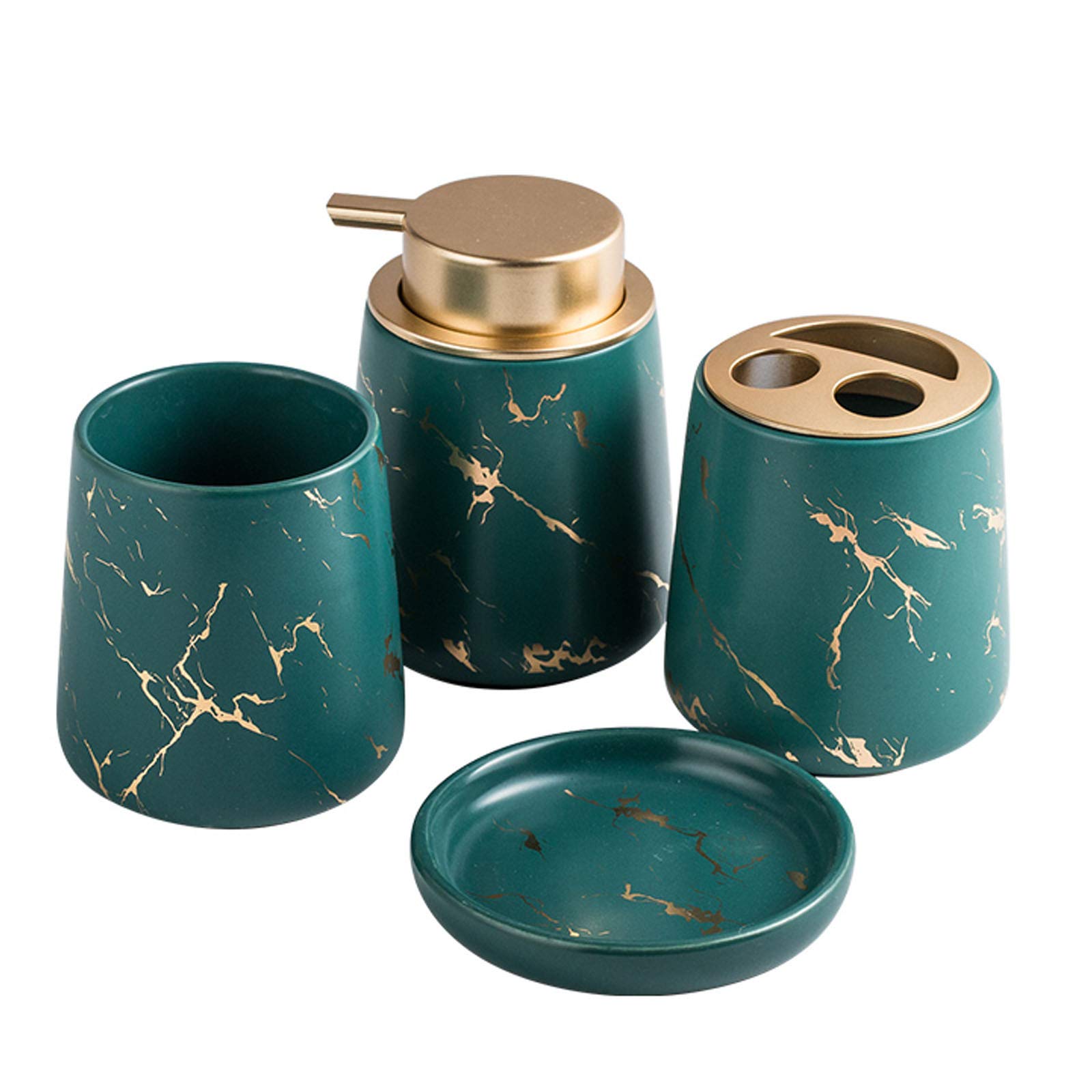 KKYY 4-Piece Marble Pattern Ceramic Bathroom Accessories Set - Toothbrush Holder, Soap Dispenser, Tumbler & Soap Dish | Modern Vanity Decor for Bathroom Organization | Perfect for Home, Hotel & Spa Decor