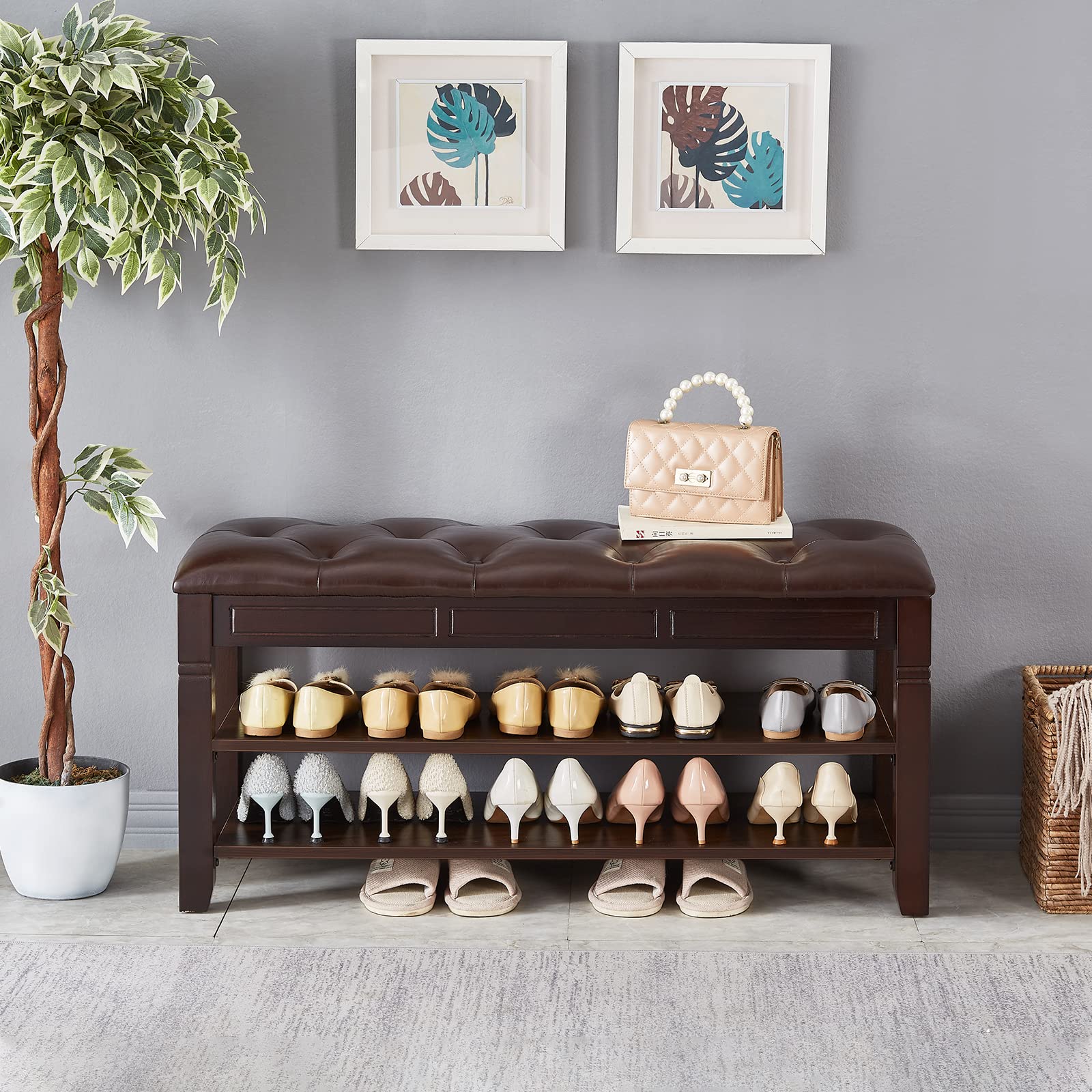 2-Tier Shoe Storage Bench with Lift Top & Fiberleather Seat - Wooden Entryway Shoe Rack Organizer for Hallway, Living Room (Dark Brown, 39.4
