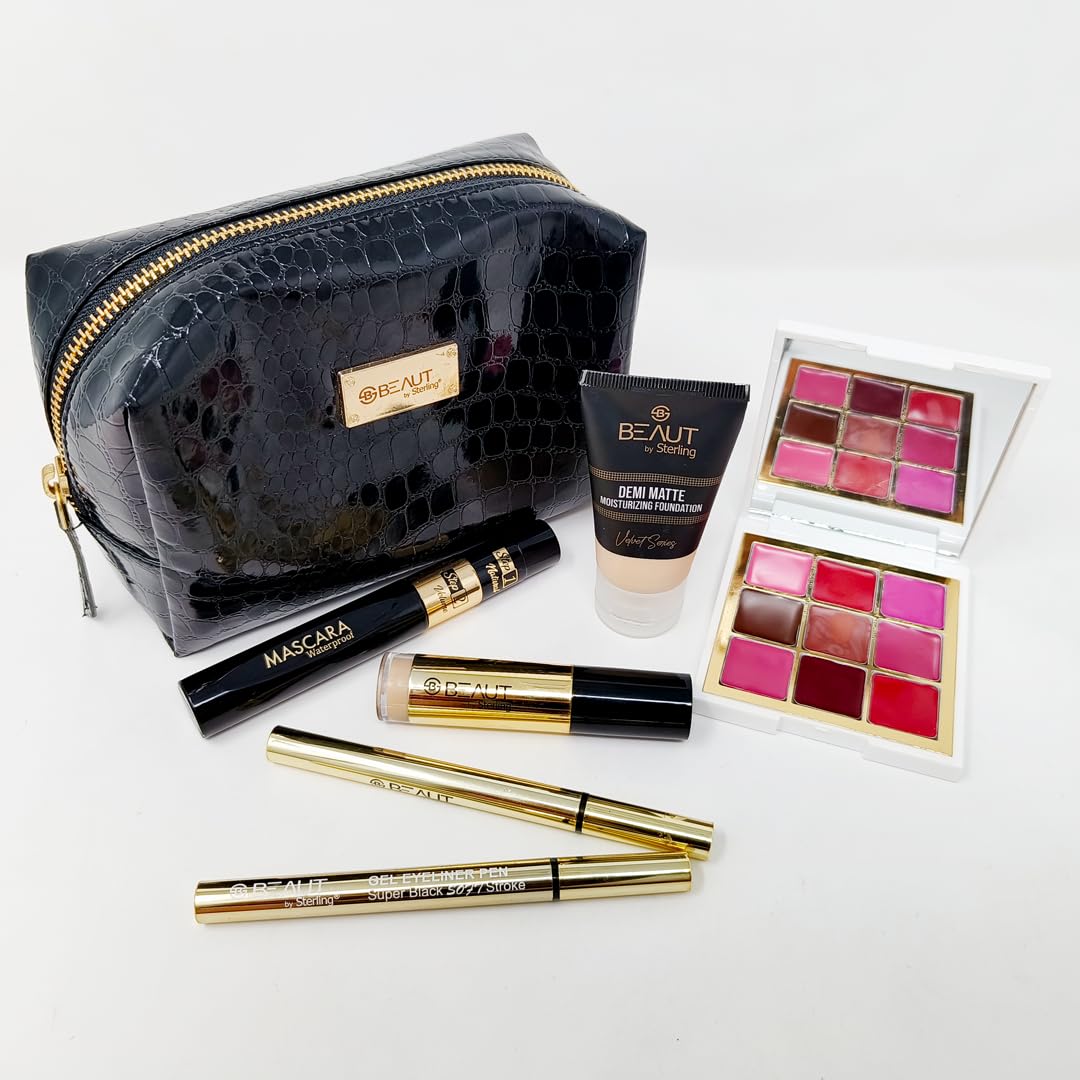 BEAUT Women's Cosmetic Bag - Portable Makeup Organizer with 9-Shade Lipstick Palette, Foundation, Concealer, Mascara & Eyeliners - Perfect for Travel & Daily Makeup Storage