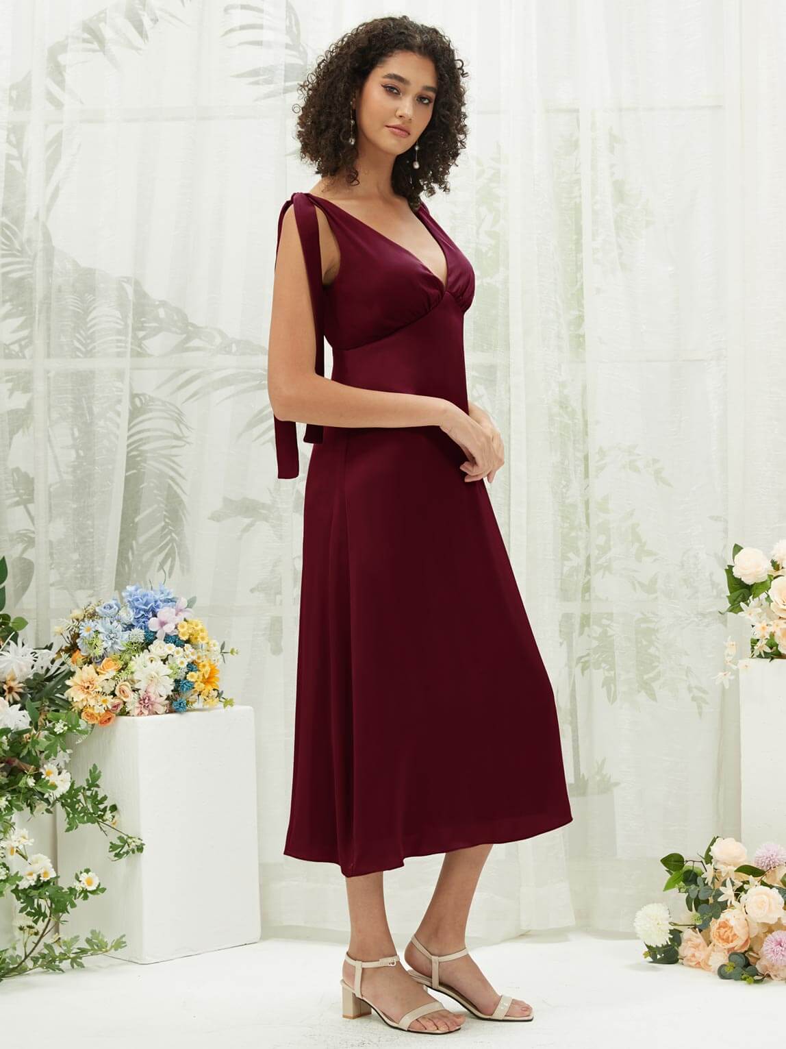 Burgundy V-Neck Bridesmaid Dress with Detachable Bow Straps - Silk Satin Convertible Tea-Length Formal Gown for Weddings, Parties & Special Occasions