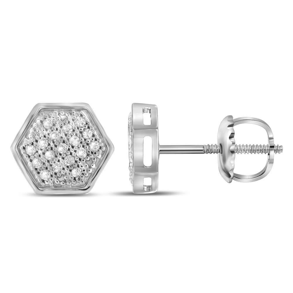 10K White Gold Men's Round Diamond Hexagon Cluster Stud Earrings - 1/10 CTTW - Perfect for Weddings, Anniversaries & Special Occasions