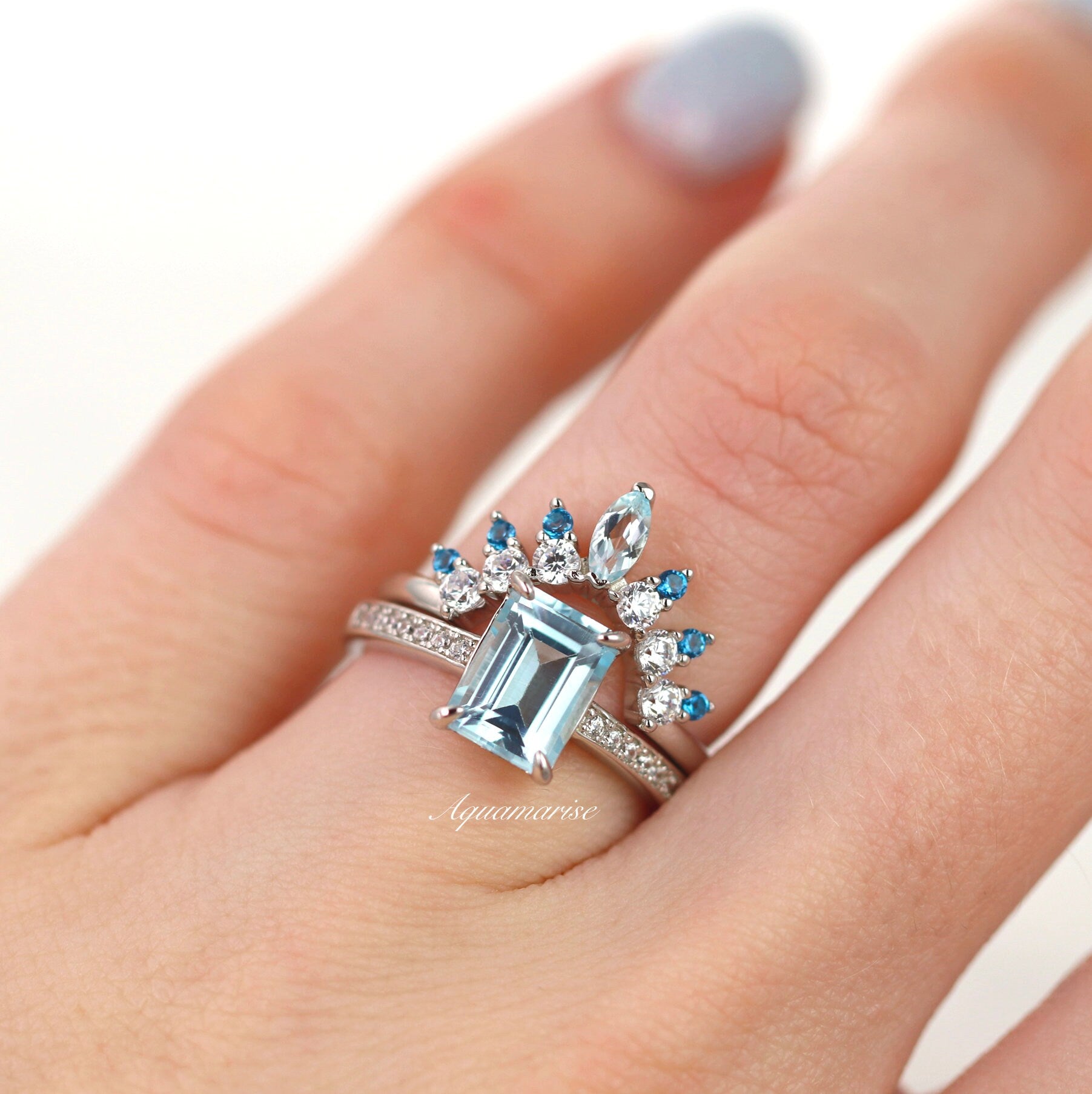 Emerald Cut Aquamarine Ring for Women - 925 Sterling Silver Wedding & Engagement Jewelry - Elegant Gift for Anniversary, Birthday & Special Occasions