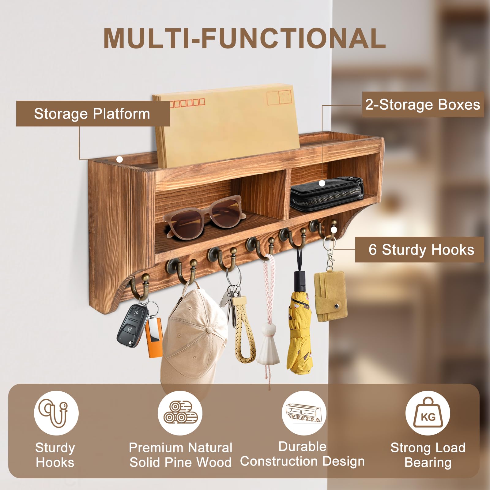 Wall Mount Key Holder with 6 Hooks & Storage Box - Mail Organizer, Sunglasses Storage & Dog Leash Holder - Rustic Farmhouse Entryway Organizer for Home, Apartment & Office Decor