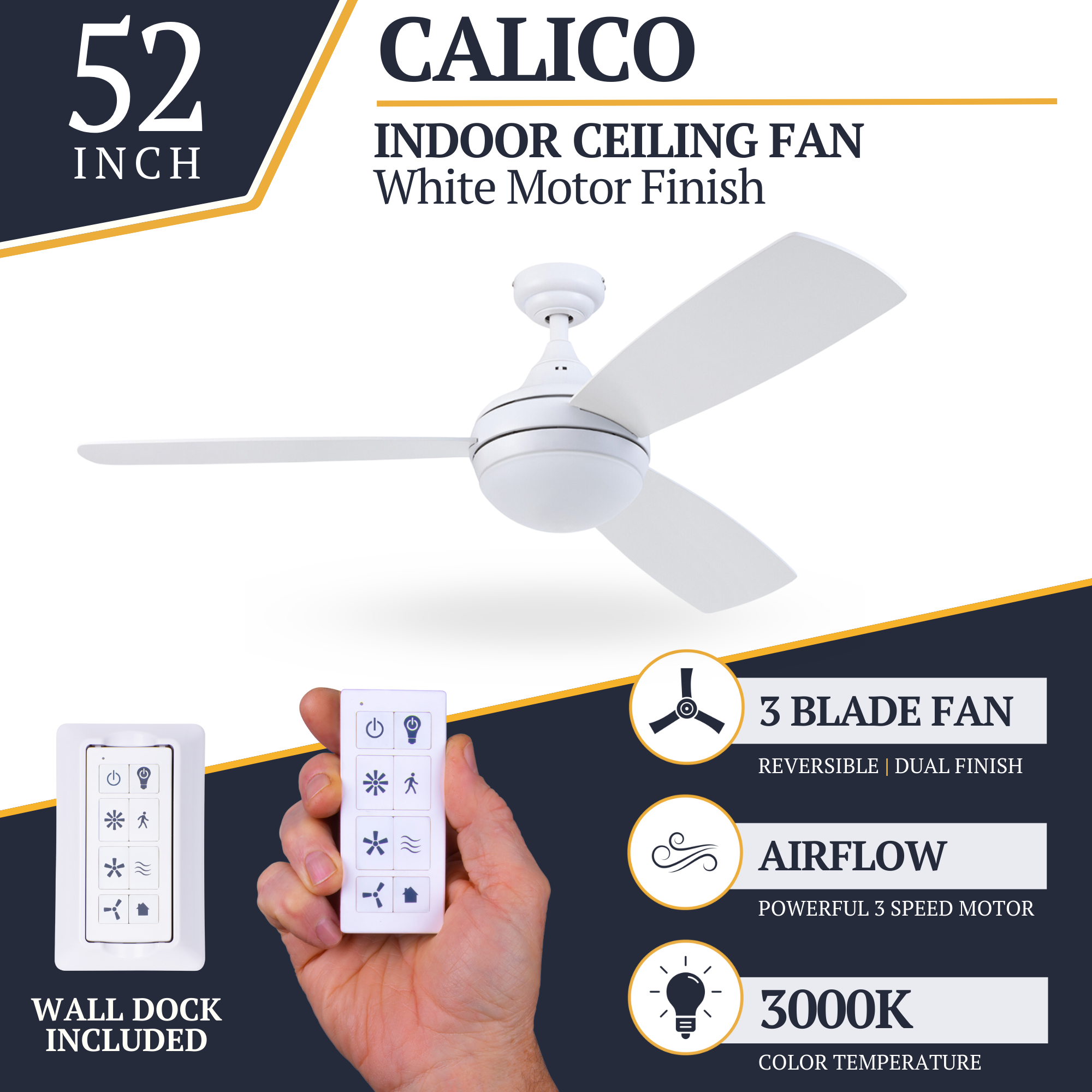 52 Inch White Calico Ceiling Fan with Remote Control - Perfect for Living Room, Bedroom, and Office Spaces