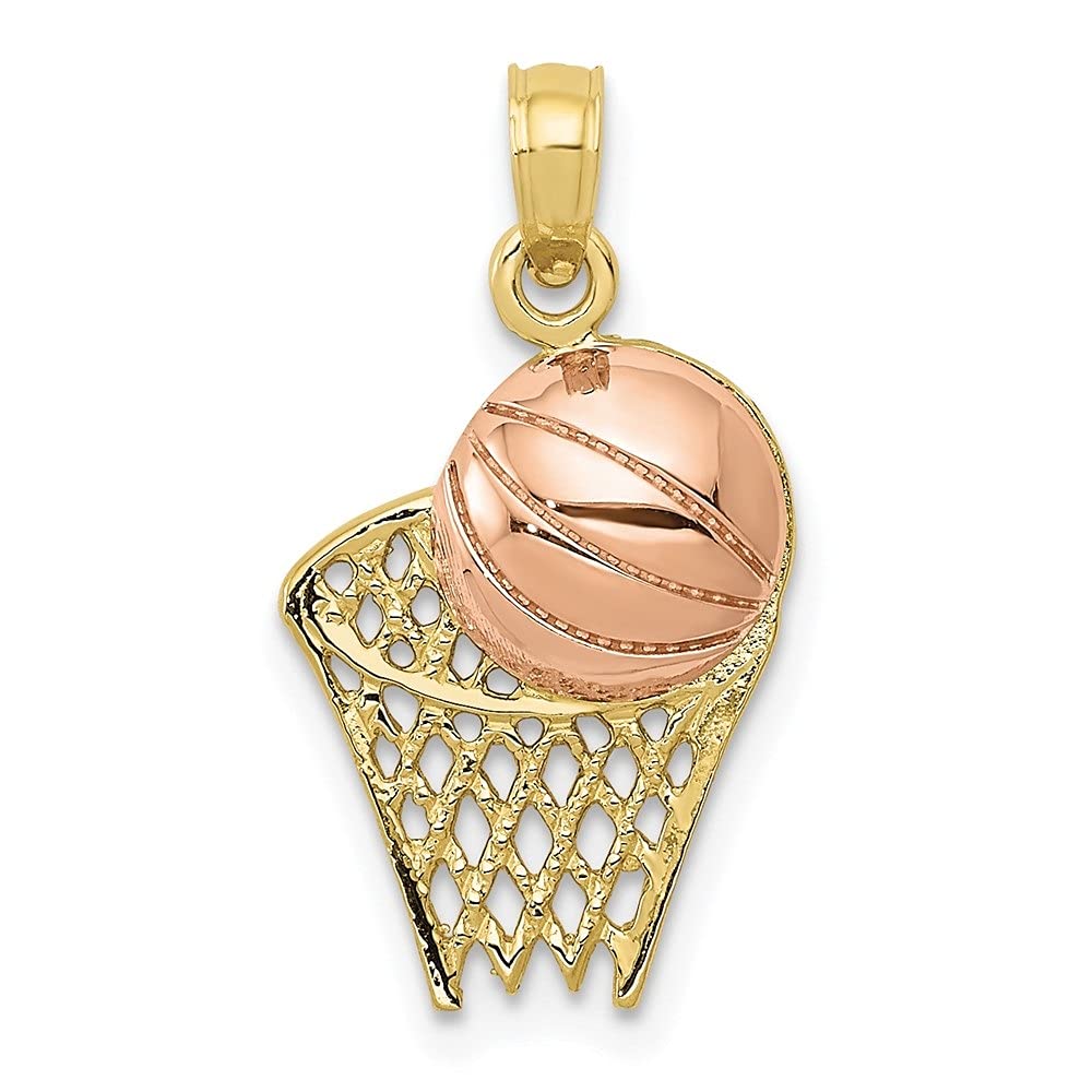 10K Two-Tone Gold Basketball Hoop Pendant with Ball Charm - 22mm Length, 11mm Width - Perfect for Sports Fans, Jewelry Lovers & Gift Giving