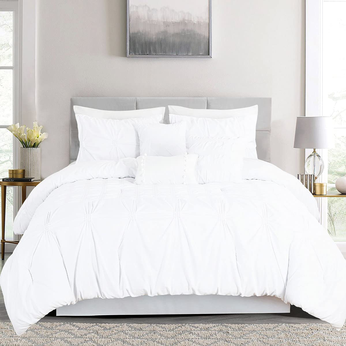 Premium California King Comforter Set - 7-Piece All-Season Bed in a Bag | Soft & Comfortable Bedding by MERRY HOME (White) | Perfect for Master Bedrooms, Guest Rooms & Cozy Nights