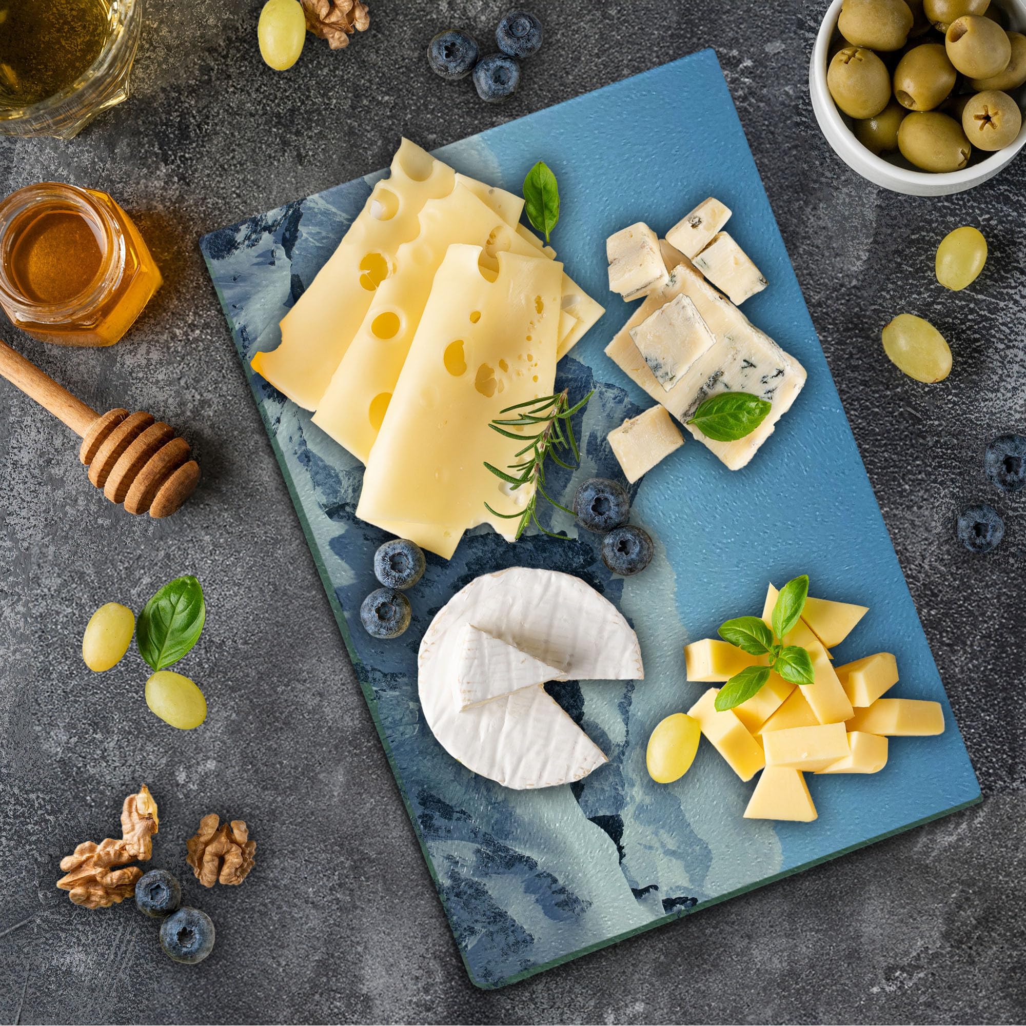 Ambesonne Winter Themed Tempered Glass Cutting Board - Snowy Rocky Mountain Peaks Landscape Design - Blue and White Decorative Serving Board for Cheese, Charcuterie & Entertaining - Small Size Kitchen Gift Idea