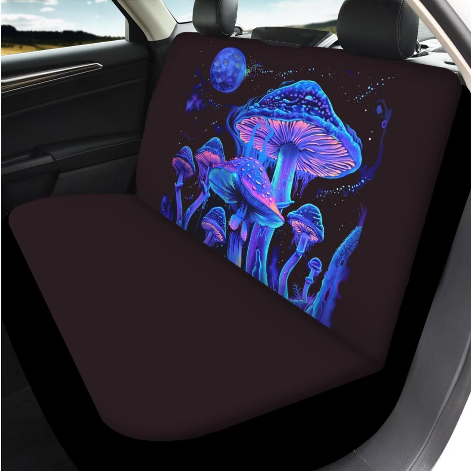 Universal Mushroom Car Seat Cover Set - Front & Rear Bench Bucket Seat Protector with Steering Wheel Cover, Seatbelt Strap Cover, Auto Coasters & Keychains - Trippy Galaxy Purple Blue Design - Perfect for Road Trips & Daily Commute