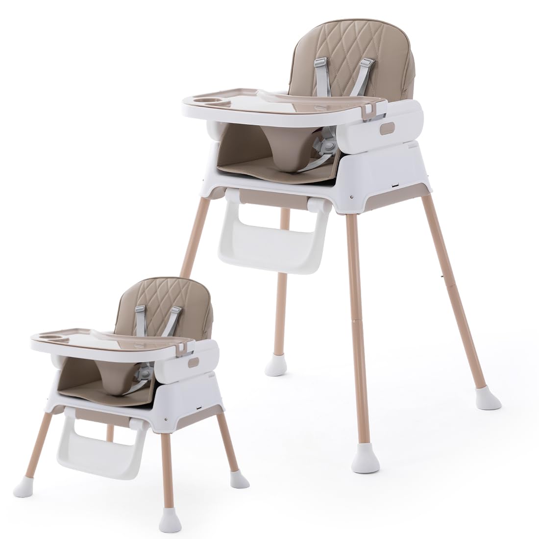 3 in 1 Adjustable Baby High Chair - Convertible Infant Feeding Chair with Detachable Tray & 5-Point Safety Harness | Khaki Color | Perfect for Home Dining, Kitchen & Travel Use