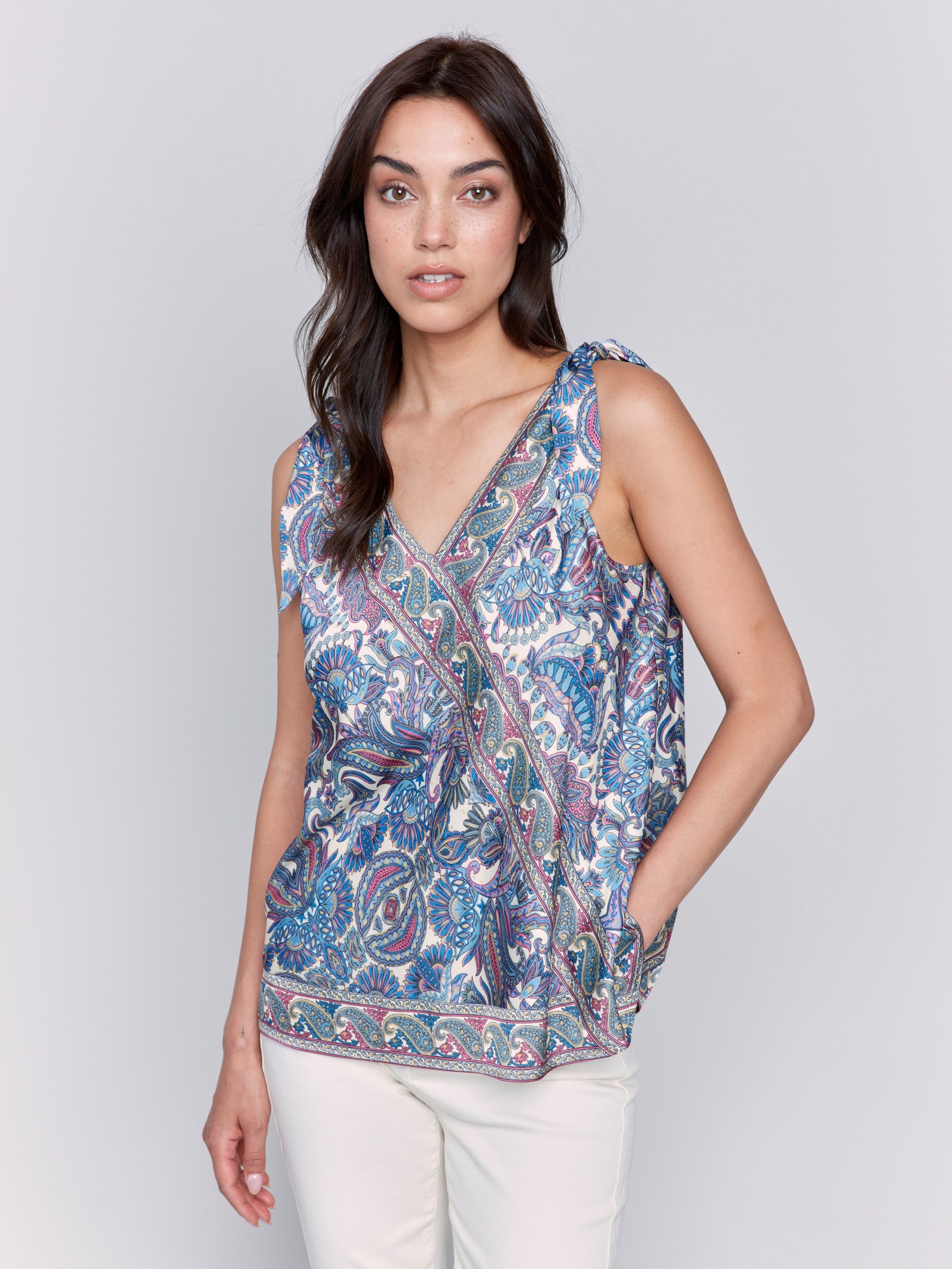 Printed Tie Shoulder Satin Blouse - Soft Cashmere Blend Women's Tops for Work, Party & Special Occasions