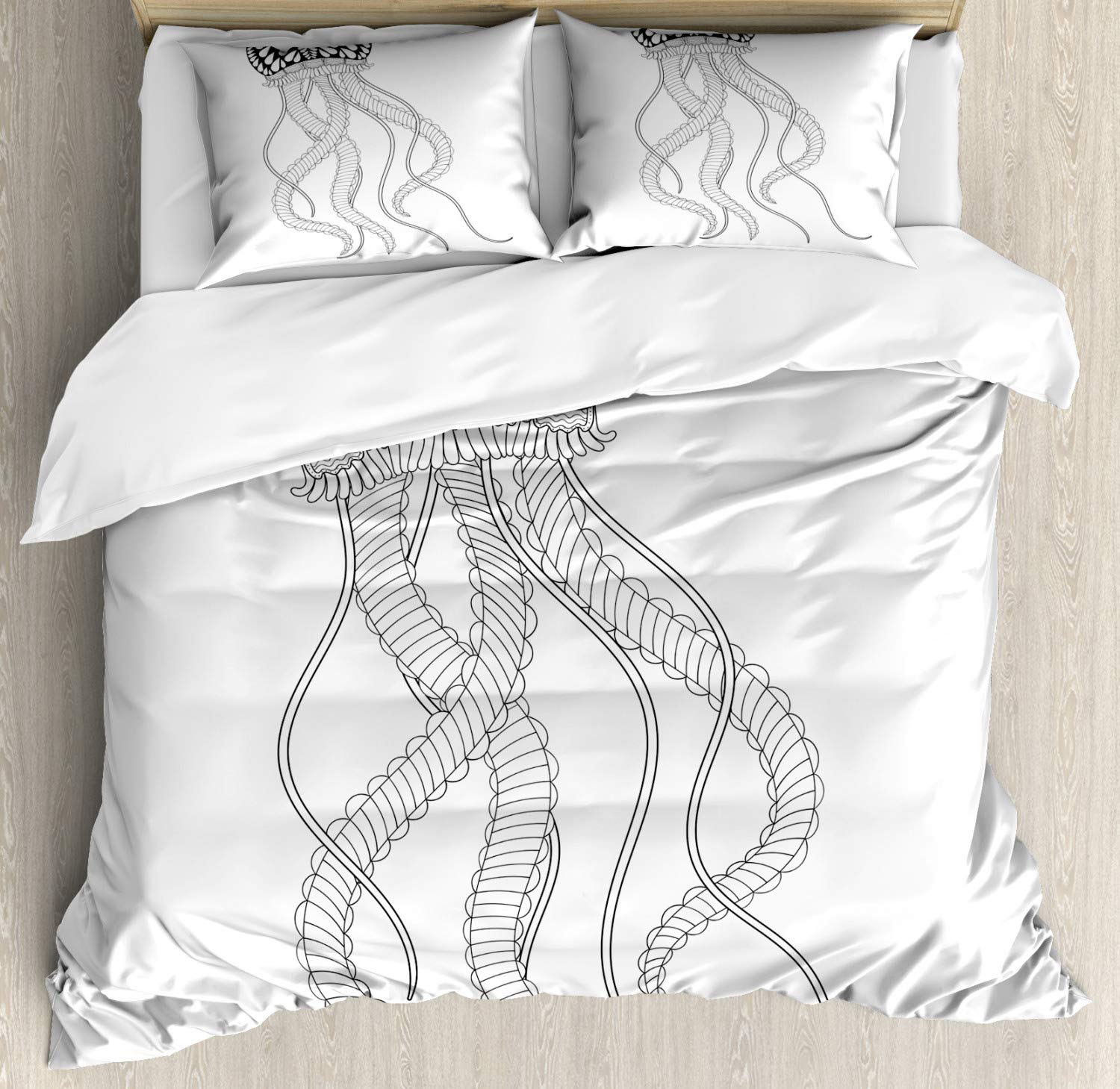 Ambesonne Jellyfish Duvet Cover Set - King Size Charcoal Grey & White Monochromatic Underwater Creature Design - 3 Piece Bedding with 2 Pillow Shams - Perfect for Ocean Theme Bedrooms & Coastal Decor
