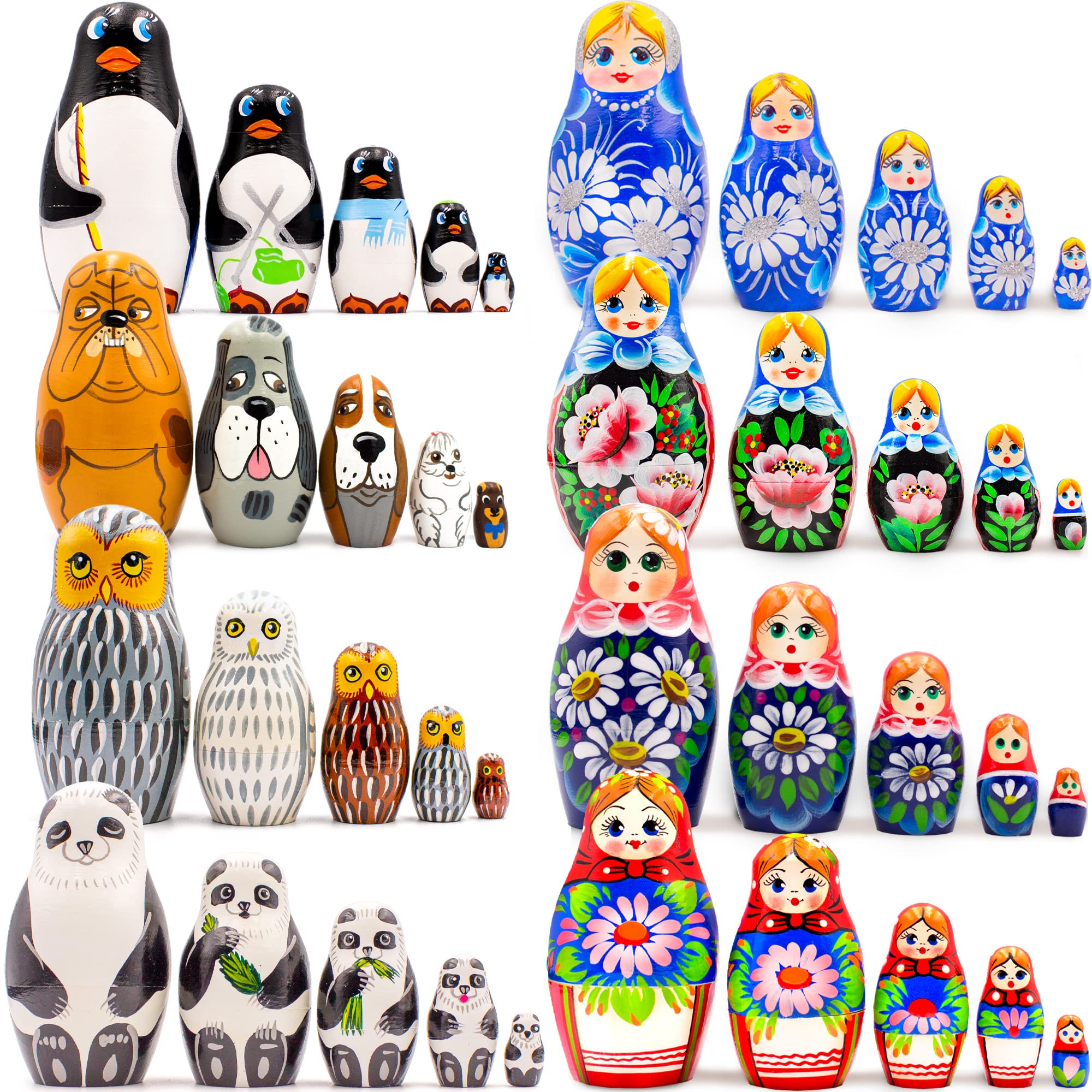40-Piece AEVVV Russian Nesting Dolls Set - Floral Matryoshka, Penguin, Dog, Owl & Panda Stacking Dolls for Home Decor, Gift & Collectibles | Perfect for Kids Playroom, Nursery Decor & Cultural Souvenirs