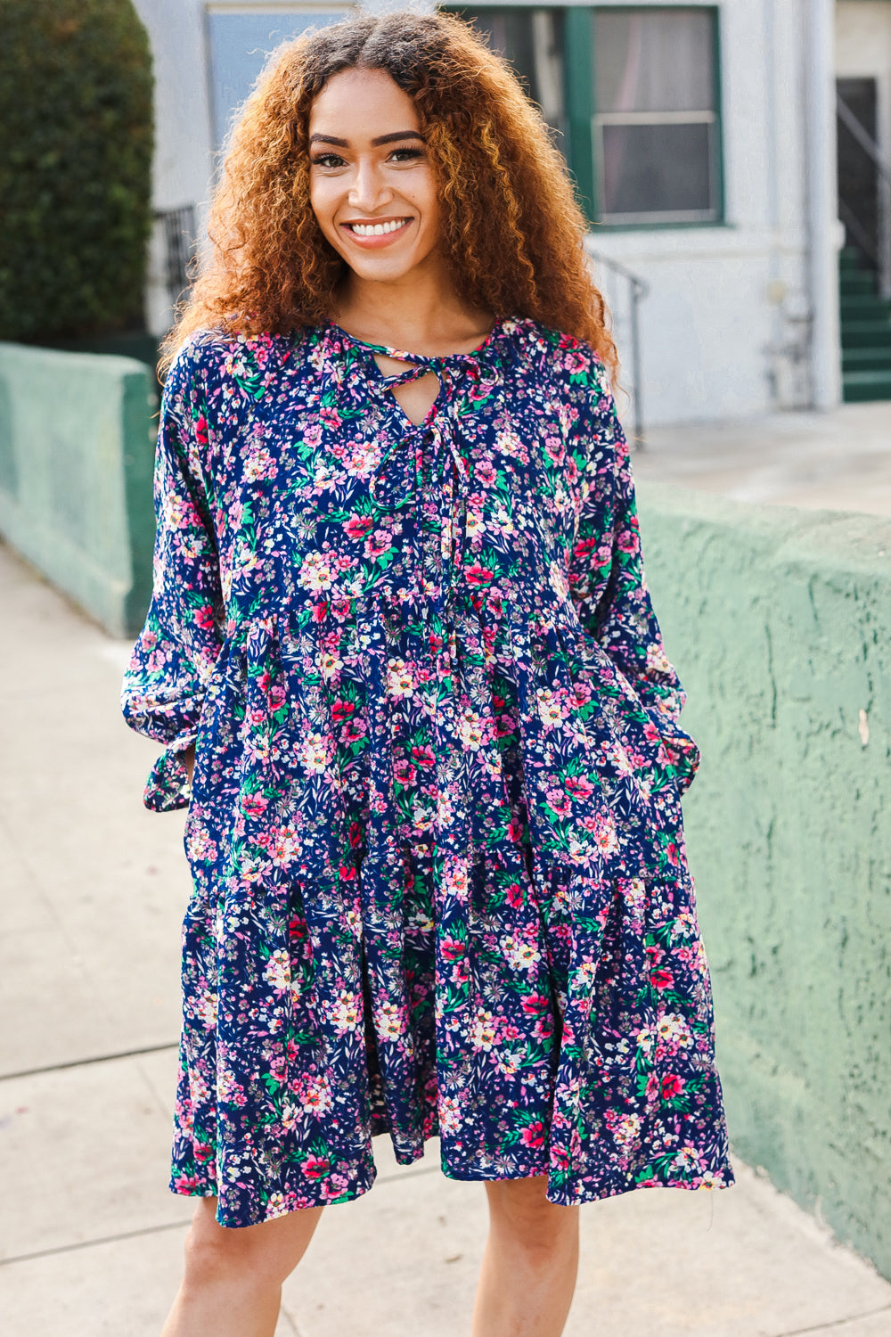 Joyful Navy Floral Bow Tie Babydoll Long Ruffle Sleeve Dress for Women - Elegant Party, Wedding Guest & Special Occasion Outfit