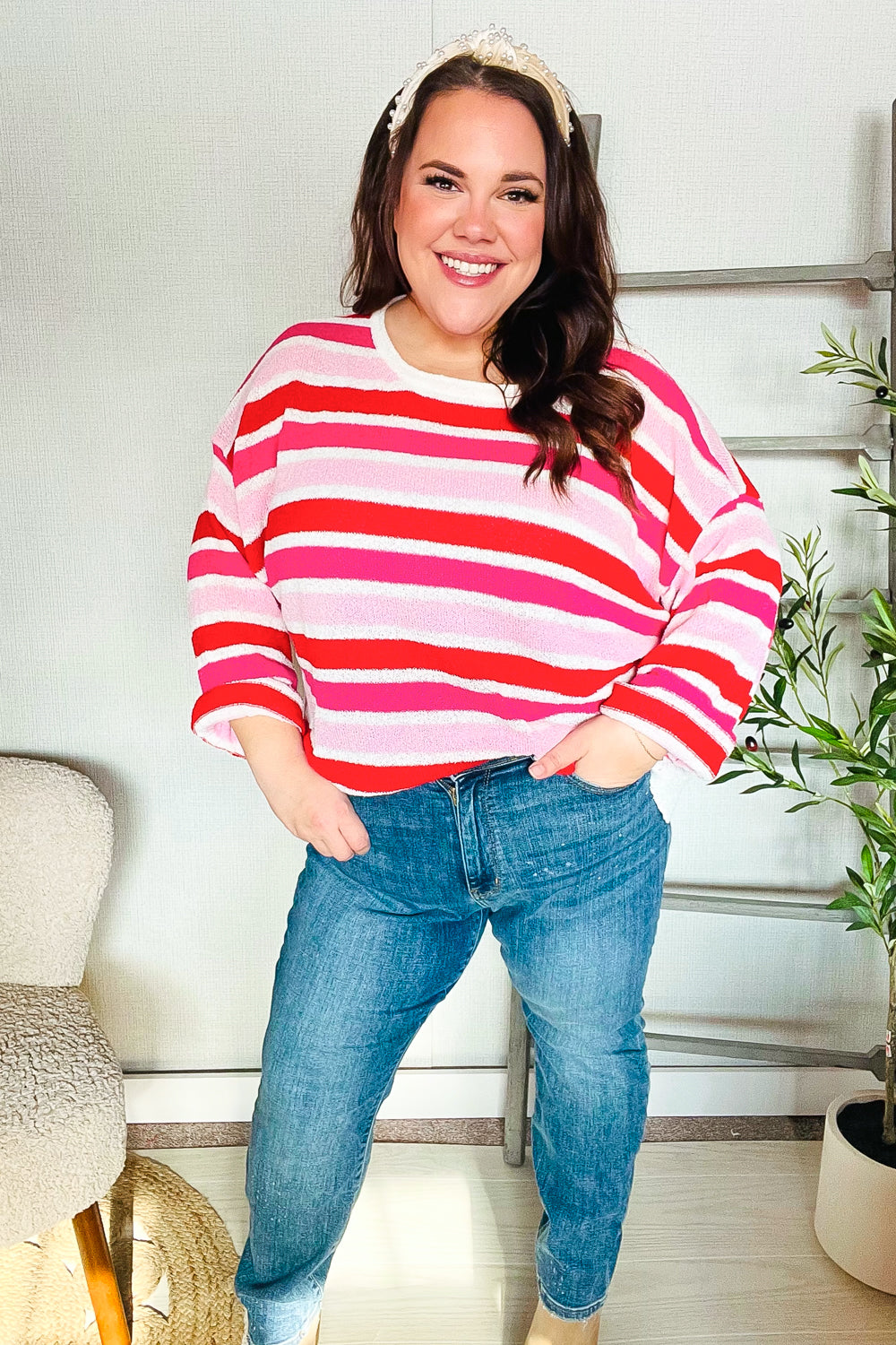 Trendy Red & Pink Loose Knit Striped Ribbed Pullover Sweater for Women | Casual Winter Warm Oversized Knitwear | Perfect for Date Nights, Coffee Dates & Weekend Outings