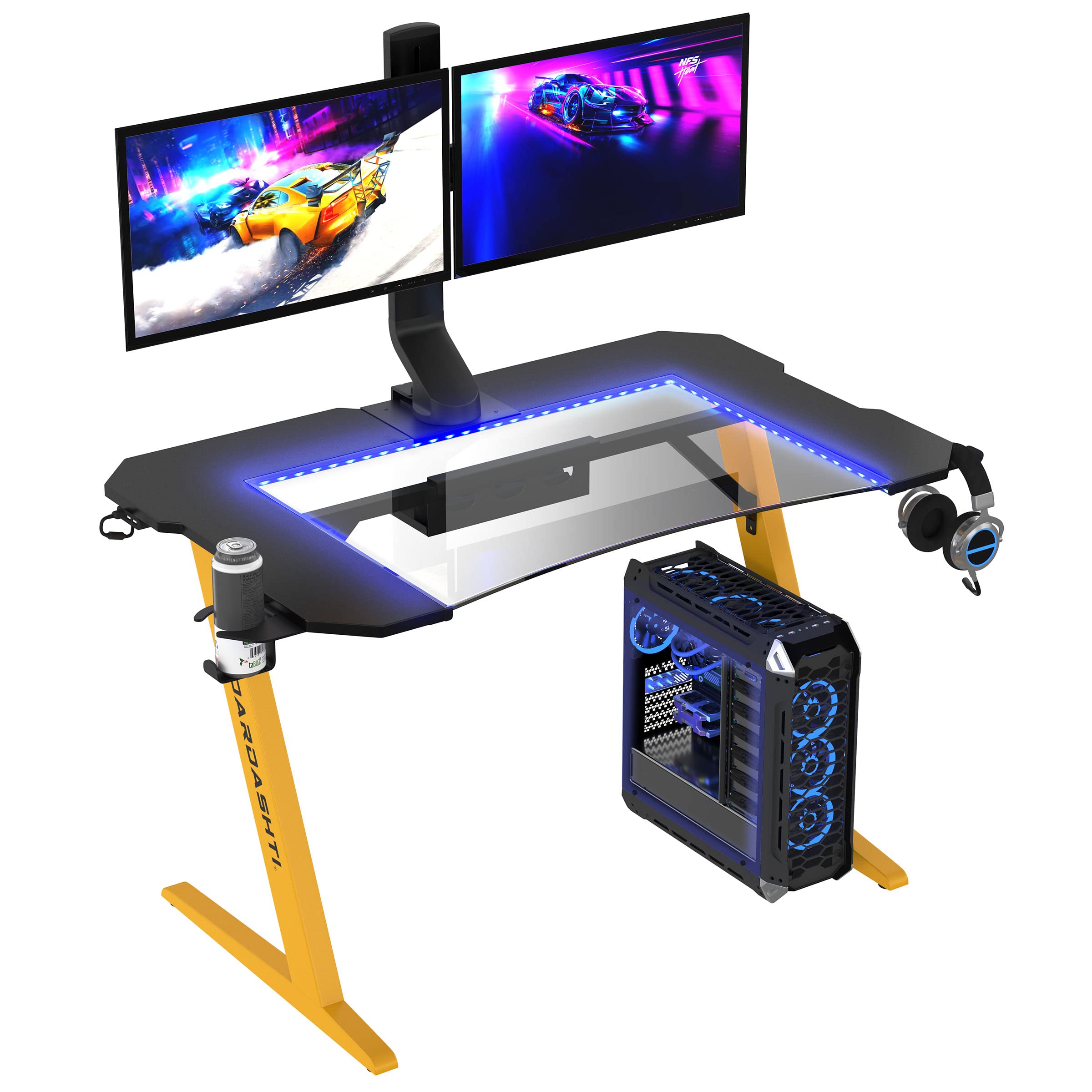Atlantic Dardashti Z-Shaped Gaming Desk - Ergonomic PC Computer Workstation with Cup Holder & Headphone Hook (Model Z1-21, Racing Yellow, Large Size) - Perfect for Home Office, Esports & Streaming Setup