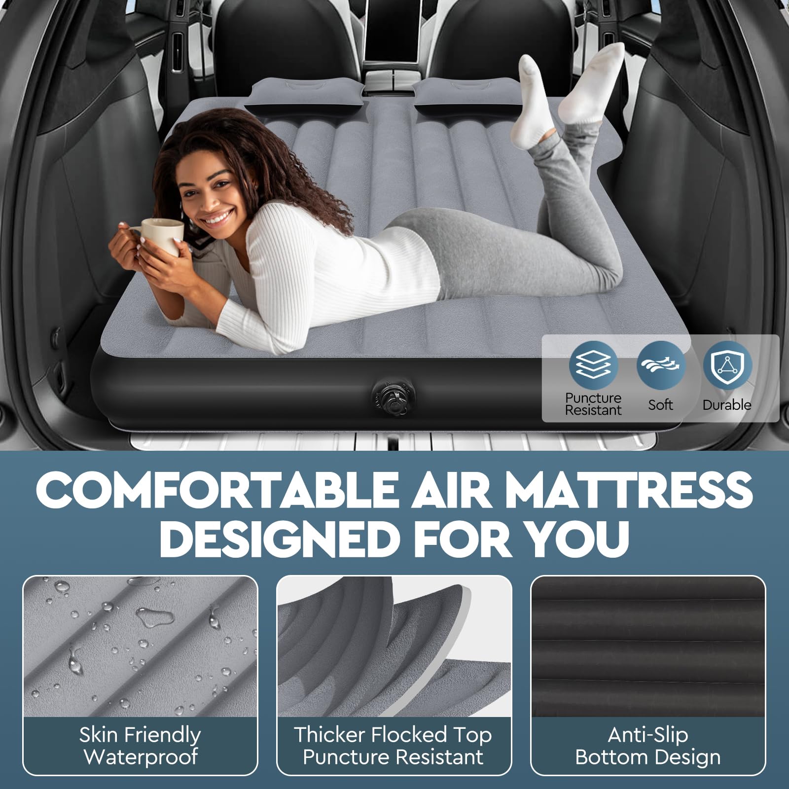 Tesla Model Y Inflatable Camping Mattress - Thickened SUV Air Bed with Built-in Pump & 2 Pillows | Portable Travel Sleeping Pad for Road Trips, Camping & Car Adventures