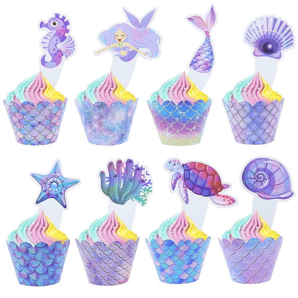 64pcs Mermaid Cupcake Toppers and Wrappers Set - Purple Coral Seashell Fish Cake Decorations for Mermaid Birthday Party, Baby Shower & Ocean Theme Celebration | Perfect for Girls' Birthday, Bridal Shower & Beach Themed Events