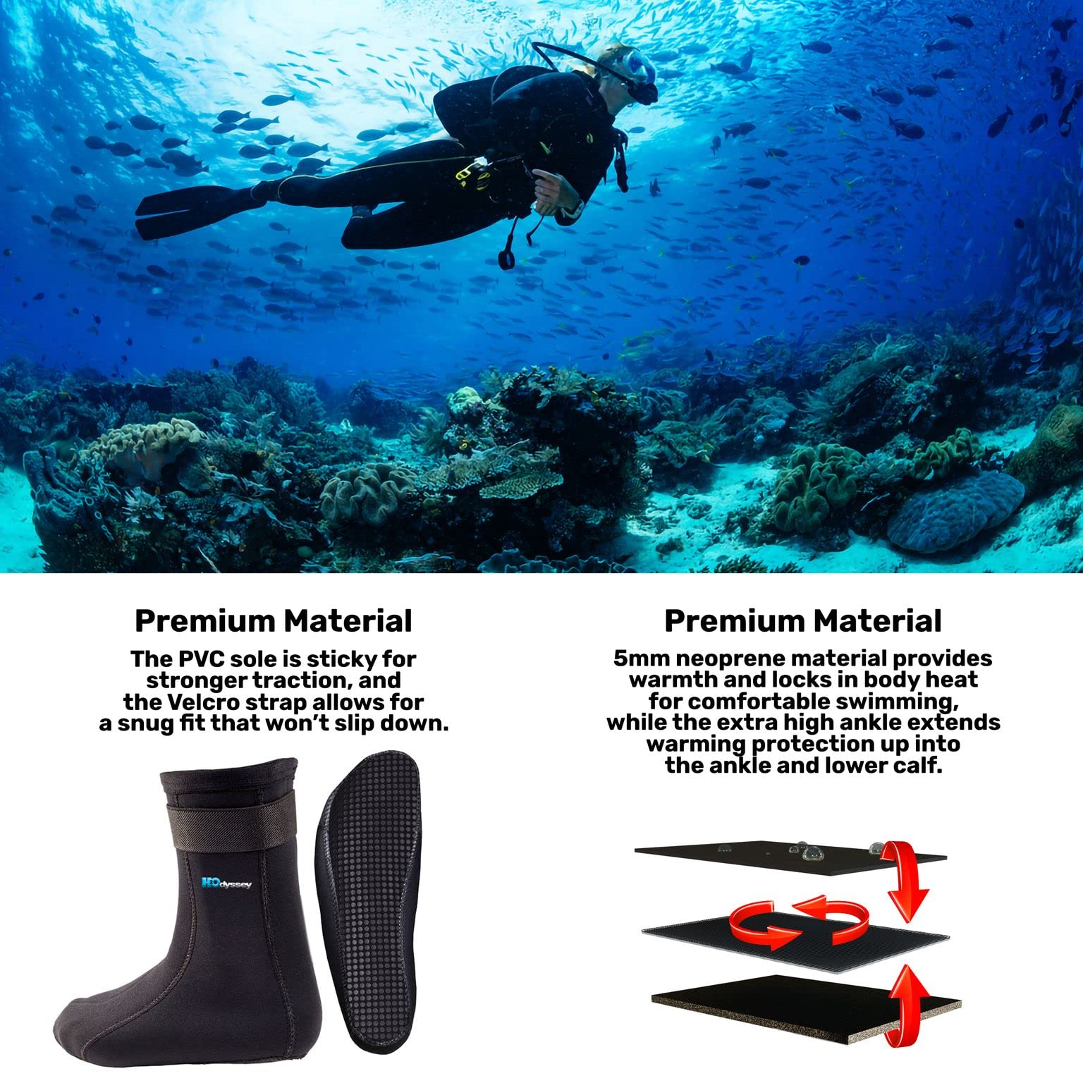 H2ODYSSEY 5mm Neoprene Diving Socks - High Ankle Water Socks for Scuba Diving, Snorkeling & Water Sports | Thermal Protection & Comfort