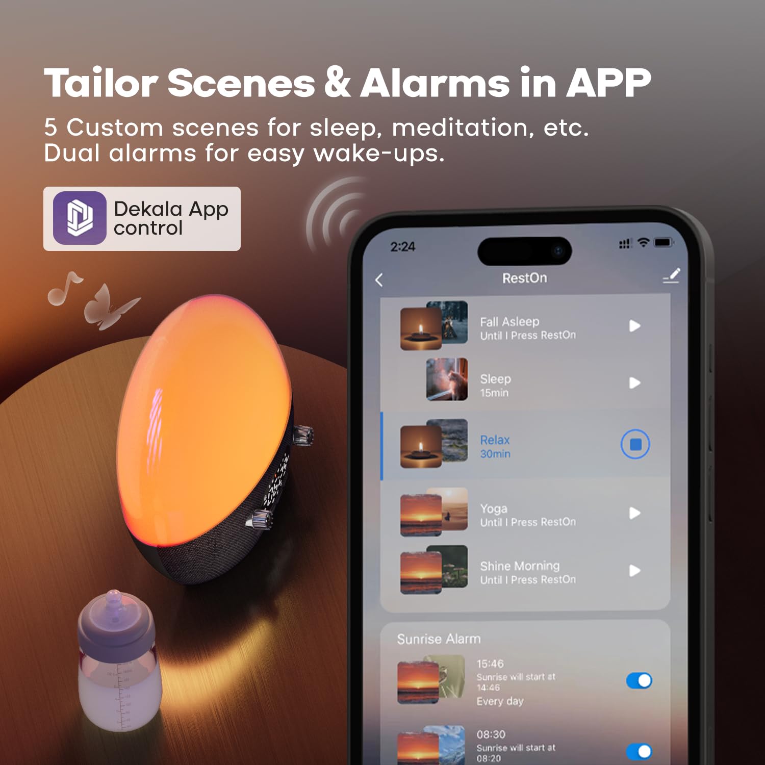 **Dekala RestOnn Sunrise Alarm Clock with Sunset Simulation - 7-Day Programmable Dual Alarm, White Noise & Natural Sounds for Sleep, Bluetooth Speaker, Amber Night Light & Smart App Control (Black) – Perfect for Bedrooms, Meditation & Relaxation**