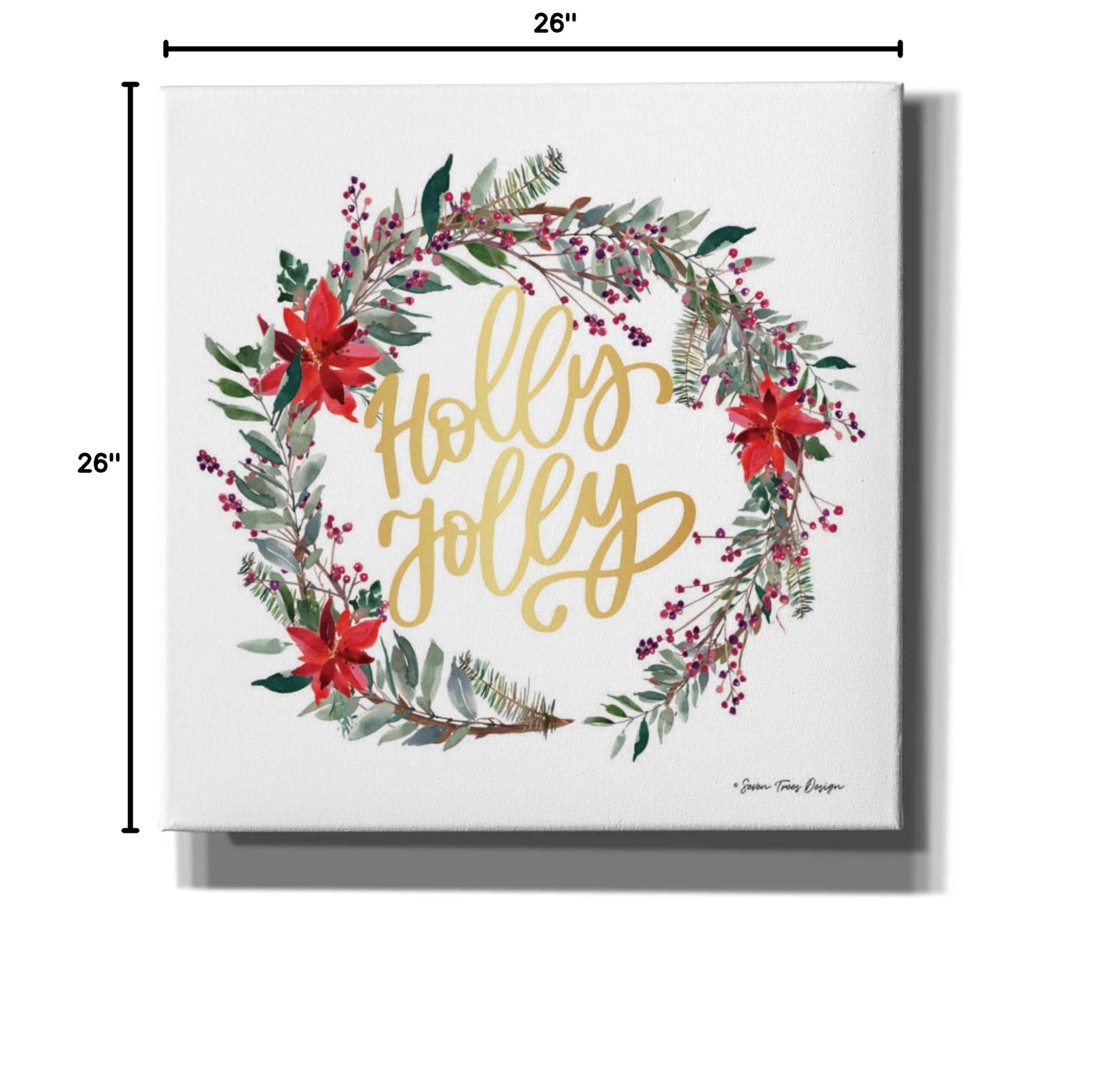 Seven Trees Design 'Holly Jolly Poinsettia Wreath' Canvas Wall Art - 26x26 Inches Christmas Holiday Decor for Home, Office & Gifts