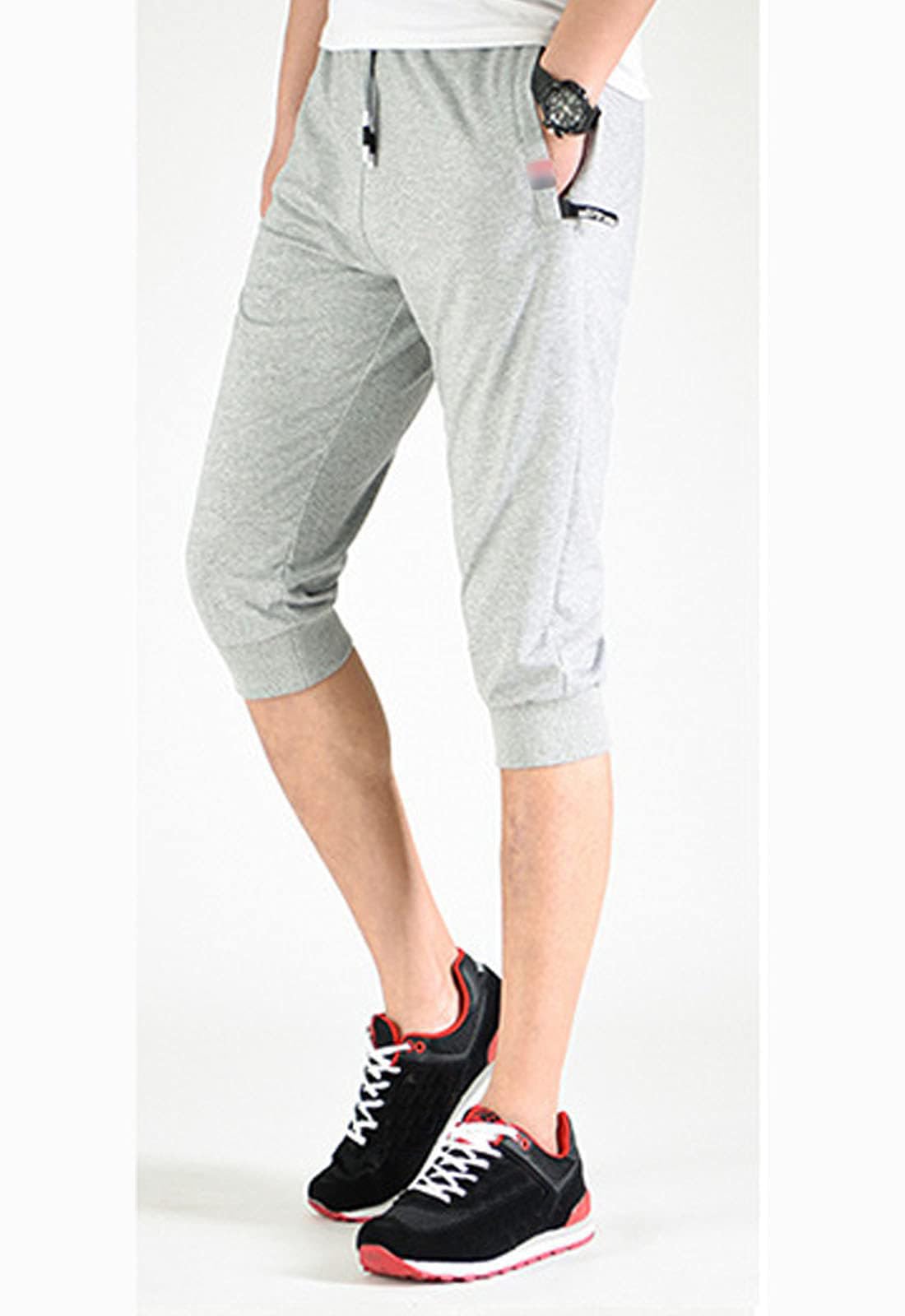 Flygo Men's 3/4 Length Sweat Shorts - Cotton Workout & Running Jogger Pants for Bodybuilding, Gym, and Outdoor Activities - Comfortable Below-Knee Capri Style for Men's Fitness & Casual Wear