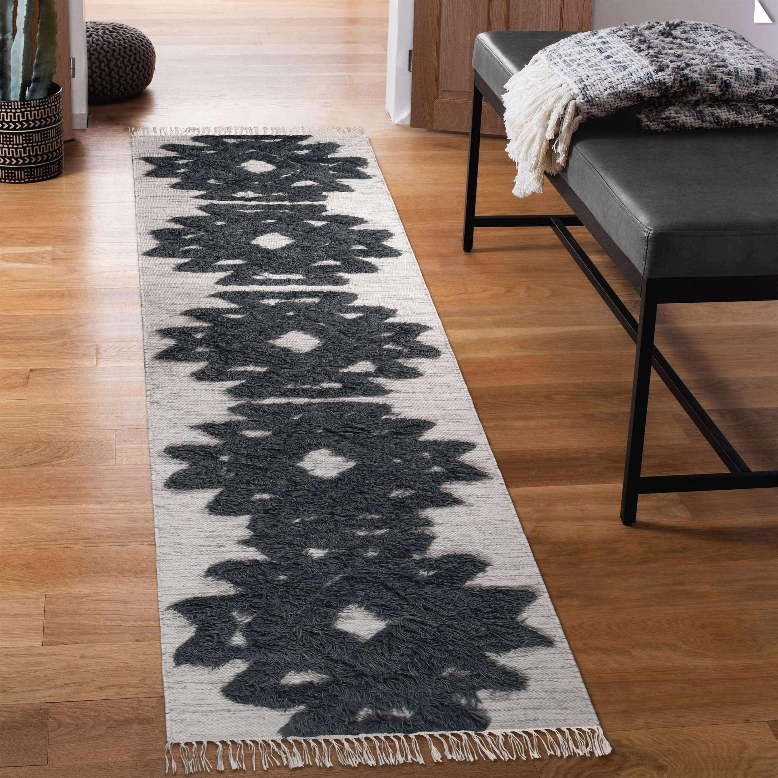 Bohemian Wool Geometric Medallion Fringe Rug - Handmade Indoor Area Carpet or Runner for Living Room, Bedroom & Boho Home Decor