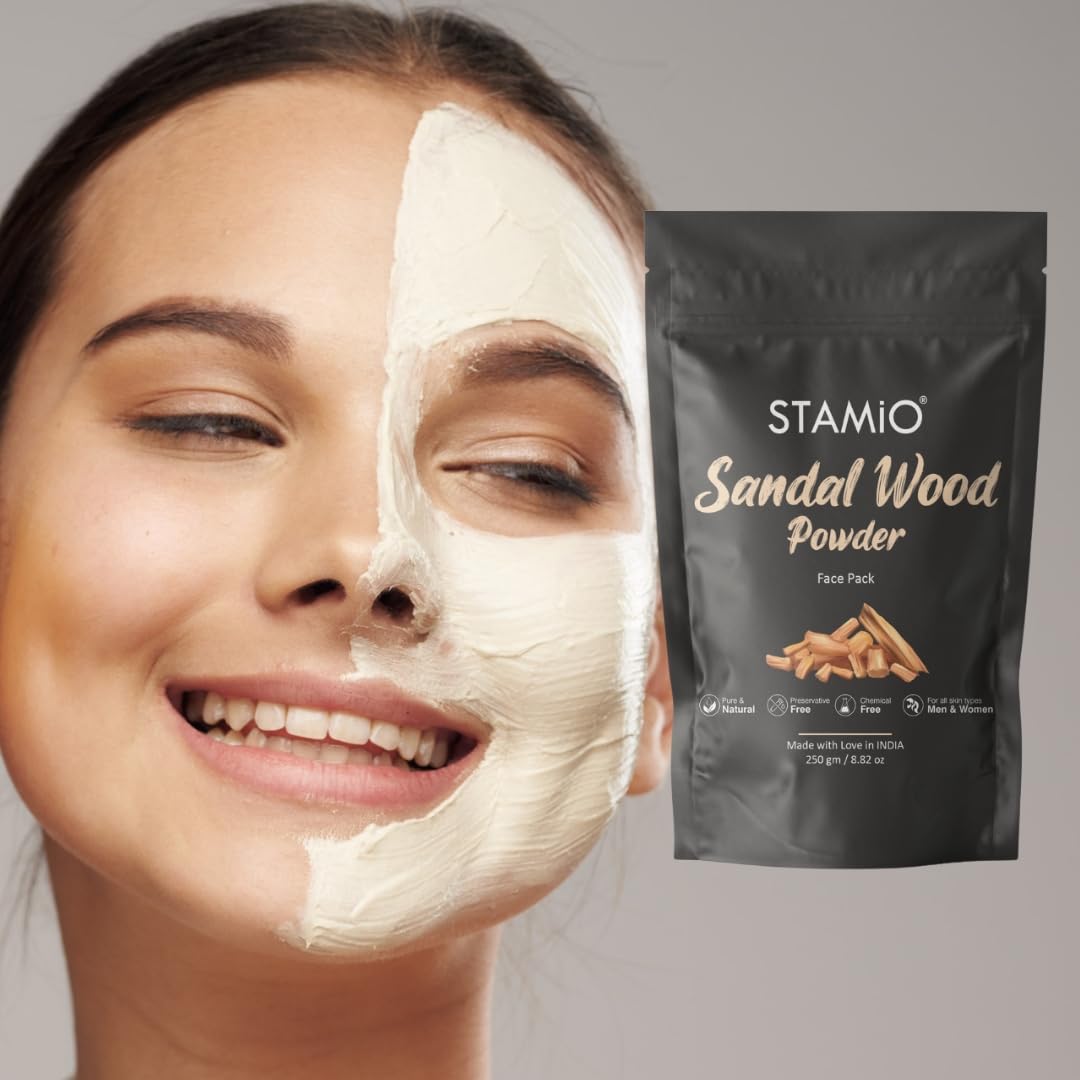 STAMIO Sandalwood Face Pack Powder 250gm for Sun Tan Removal, Glowing Skin, Acne Treatment & Dark Spot Reduction | Natural Santalum Album Chandan Mask for Face & Body | 8.82oz Pouch | Perfect for Daily Skincare & Spa Treatments