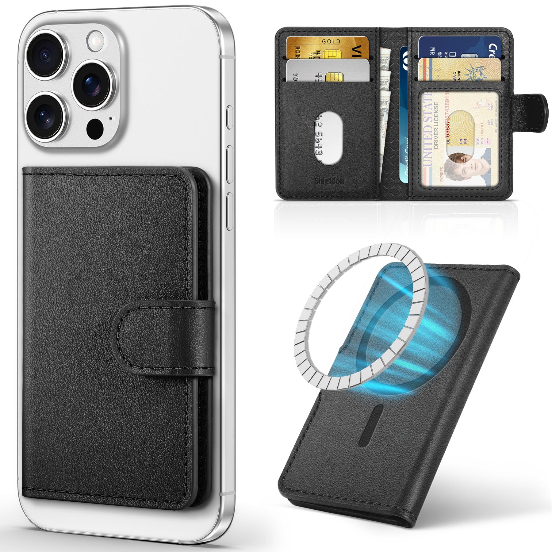 SHIELDON Genuine Leather Magnetic Card Wallet Holder for iPhone 16/15/14/13/12 Series - RFID Blocking, 6 Card Slots & ID Window, Slim Front Pocket Wallet (Nappa Black) | Perfect for Daily Commute, Travel & Contactless Payments