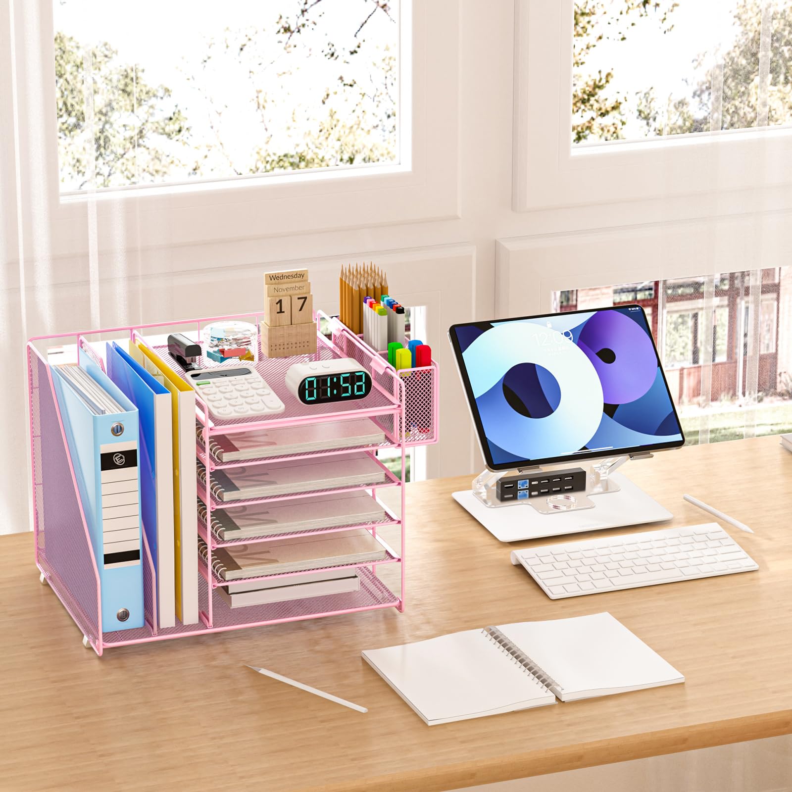 6-Tier Mesh File Organizer for Desk with File & Pen Holder - Office Desk Accessories & Workspace Organizer (Pink) - Perfect for Home Office, School & Workspace Organization