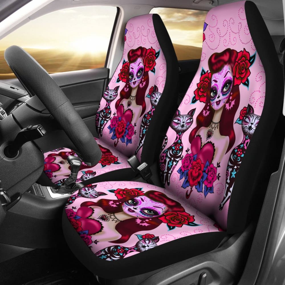 2 Pcs Sugar Skull Girl Day of the Dead Car Seat Covers - Mexican Folk Art Design for Halloween, Dia de los Muertos - Perfect for Car, Truck, SUV & Home Decor