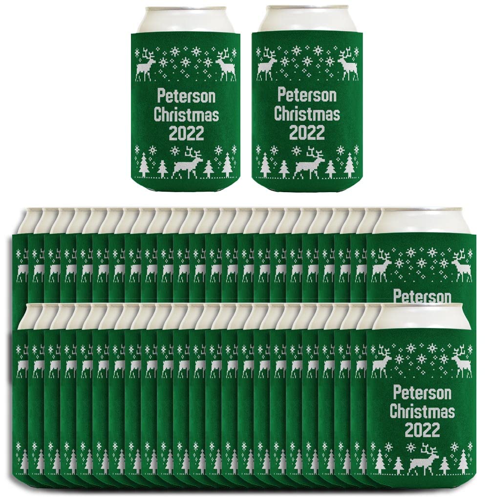Custom Name or Date Christmas Party Favors - 48-Pack Personalized Can Coolers & Drink Sleeves (Green) | Perfect for Holiday Parties, Office Events & Family Gatherings