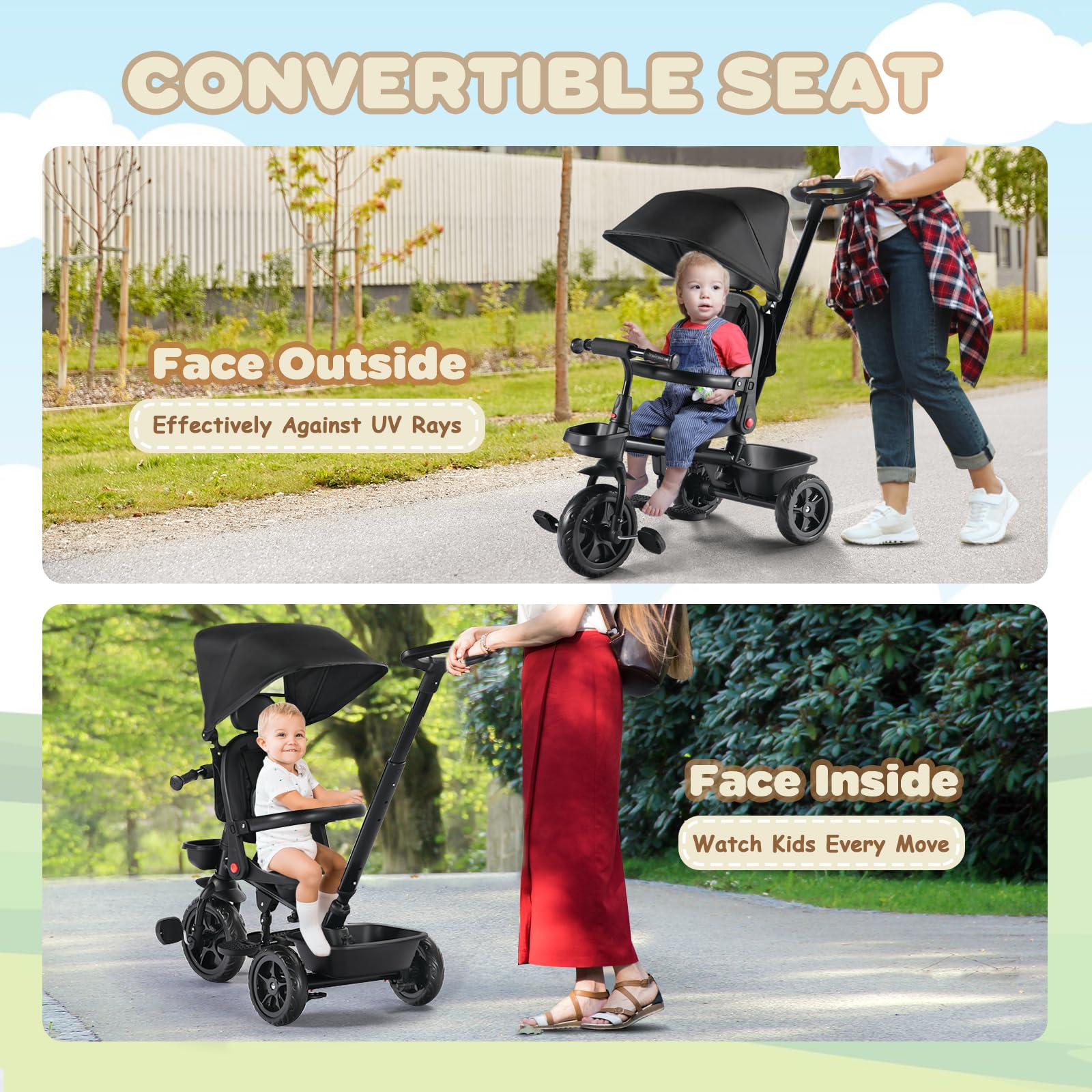 **6-in-1 Kids Tricycle with Removable Canopy & Push Handle – Adjustable Toddler Bike for Boys & Girls 12-60 Months – 360° Swivel Seat, Folding Pedals, EVA Wheels & Storage Basket – Perfect for Outdoor Play, Park Rides & Learning Balance (Black)**