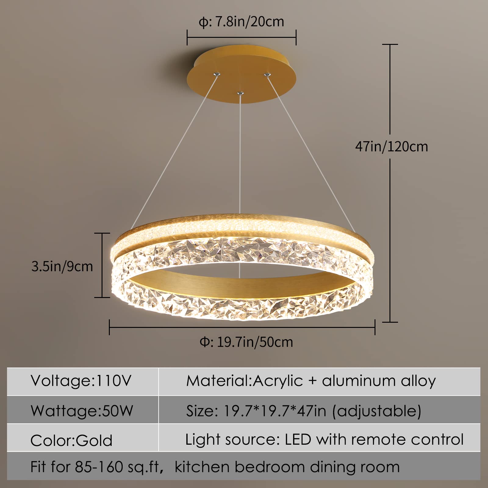 Modern Gold LED Chandelier - 19.7 Inch 1-Ring Dimmable Pendant Light with Remote Control, 50W Energy Efficient Hanging Light for Kitchen Island, Dining Room, Bedroom & Living Room | Perfect for Modern Home Decor, Dinner Parties & Cozy Ambiance Lighting