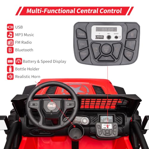 GARVEE 24V Electric Ride On Truck for Kids - 2 Seater Remote Control Car with LED Lights, Music & Horn, Large Storage Space & Cup Holder - Toddler Toy Vehicle for Ages 3-8 (Red) | Perfect for Outdoor Play, Birthday Gifts & Family Fun Activities