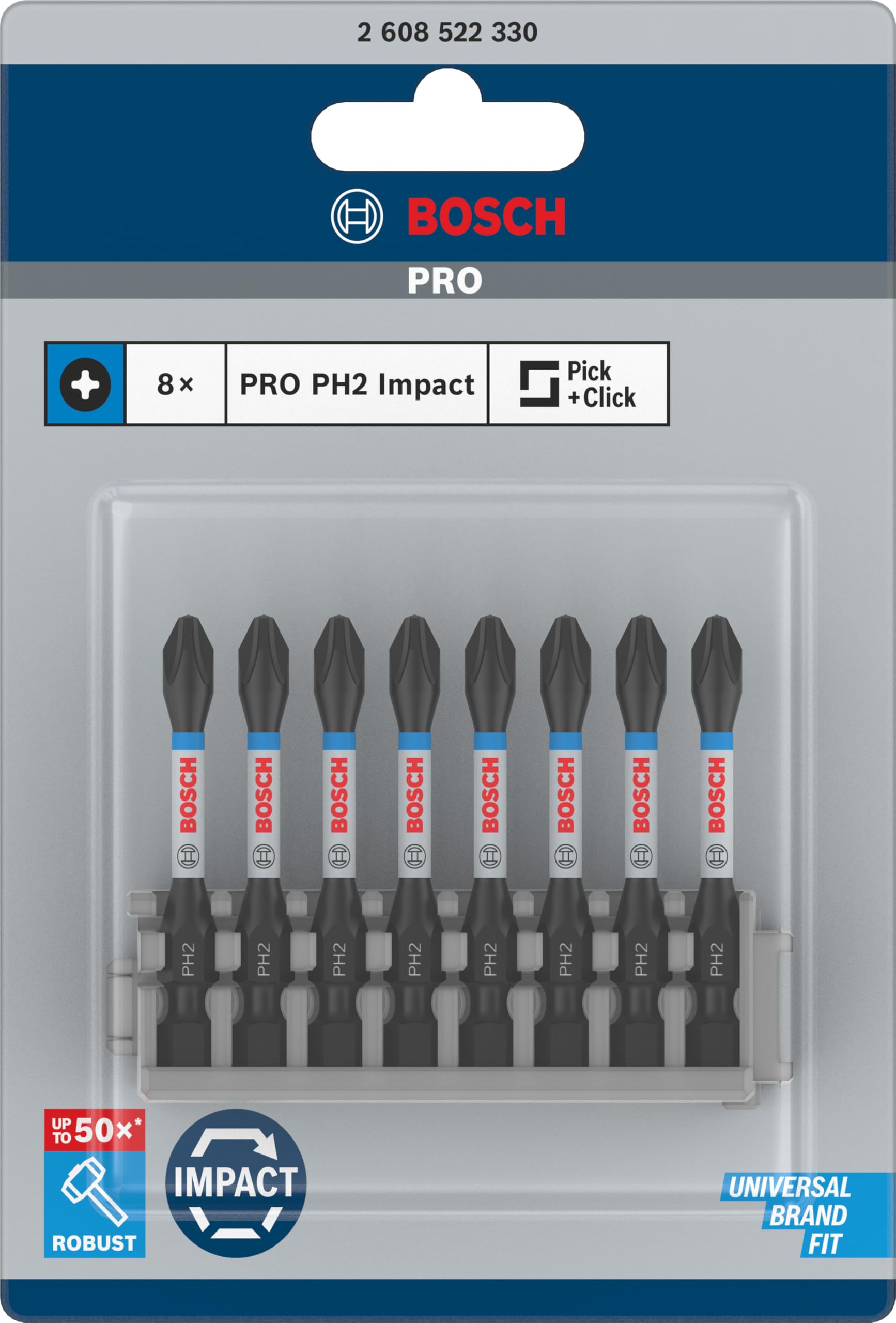 Bosch Professional 8-Piece Phillips Screwdriver Bit Set - PH2 Impact Control Bits (50mm Length) - Ideal for Impact Drills, DIY Projects & Professional Construction Work