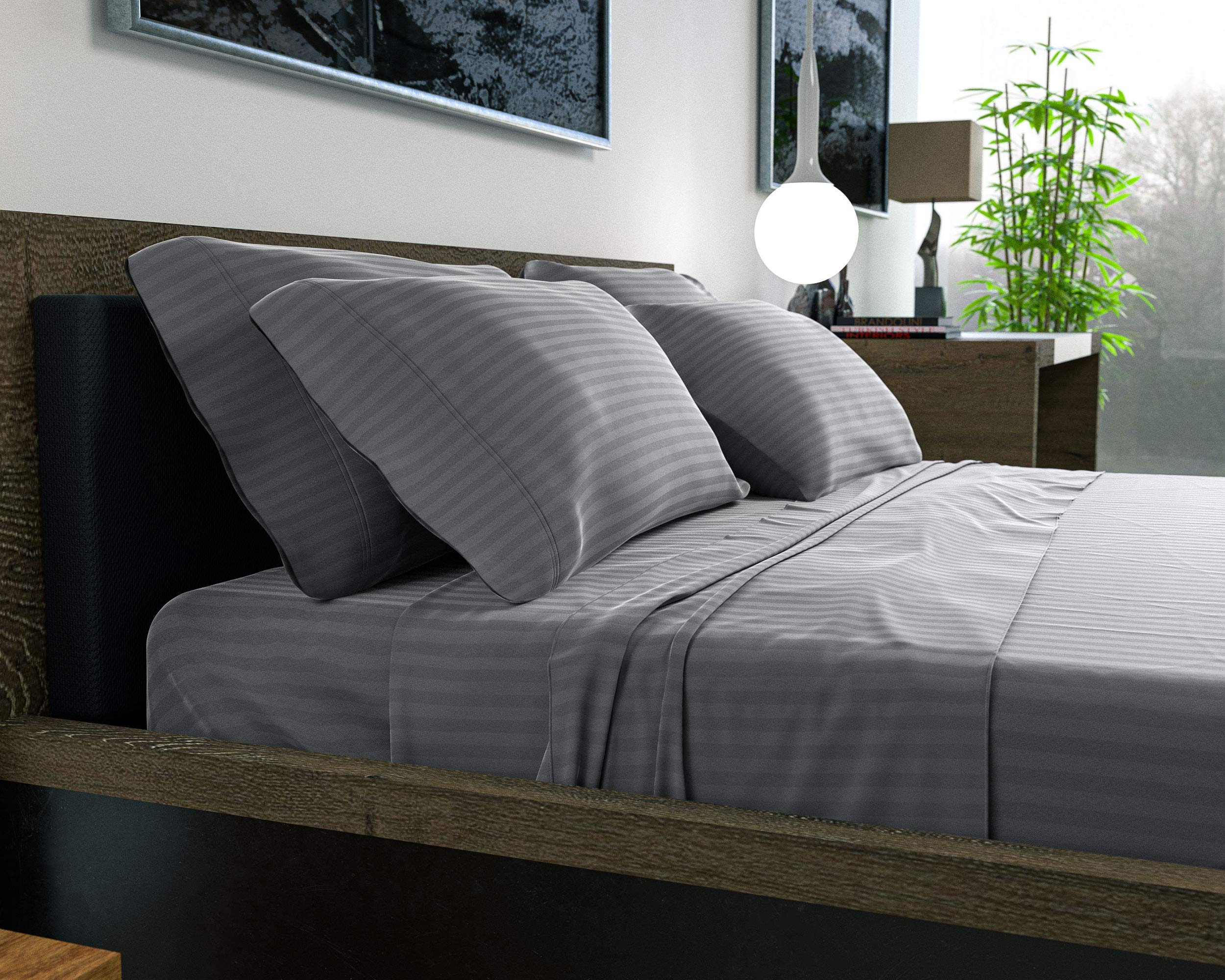 Dreamcare 6-Piece Full Size Cooling Bed Sheet Set - Ultra Soft 100% Brushed Microfiber with Side Pocket, Stripe Gray - Perfect for Hot Sleepers & Temperature Regulation in Bedrooms, Dorms, and Guest Rooms