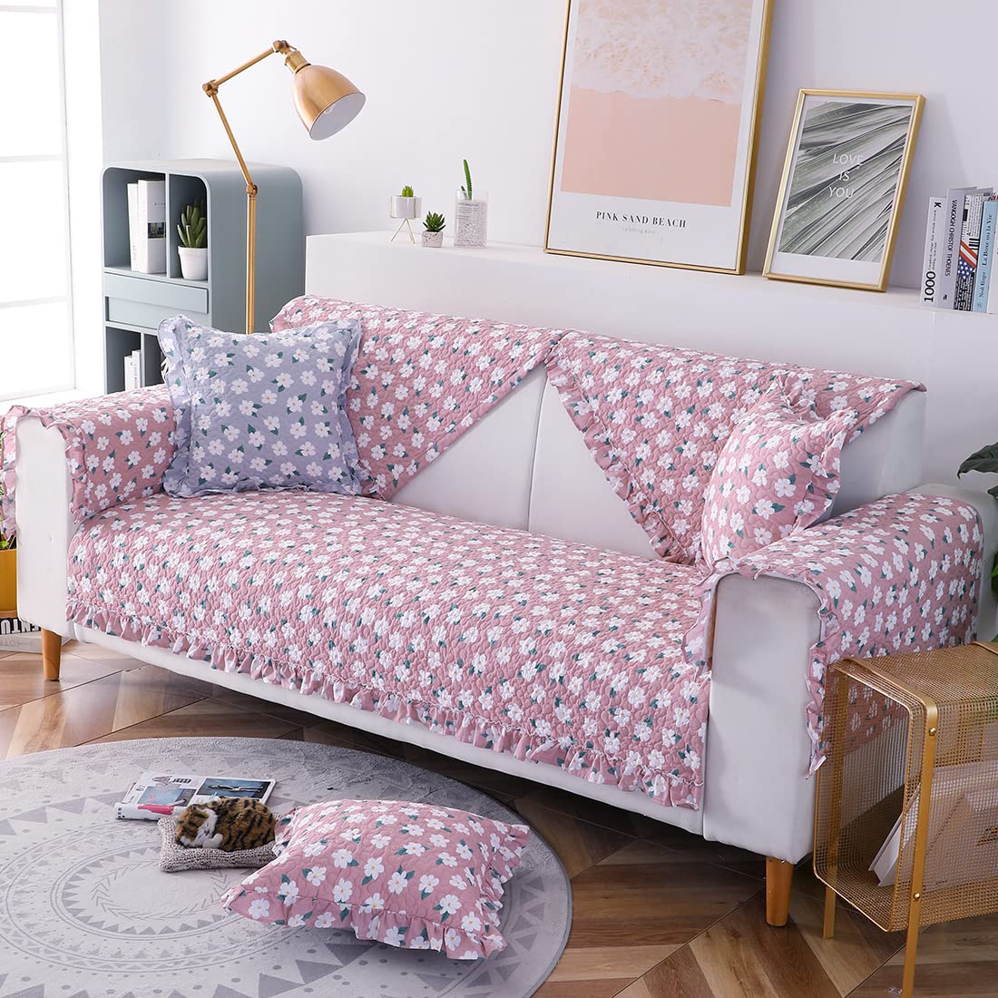 Boho Floral Printed Cotton Sofa Covers with Ruffles - Non-Slip Sectional Couch Cover, Super Soft & Comfy Furniture Protector for Living Room (Pink, 28