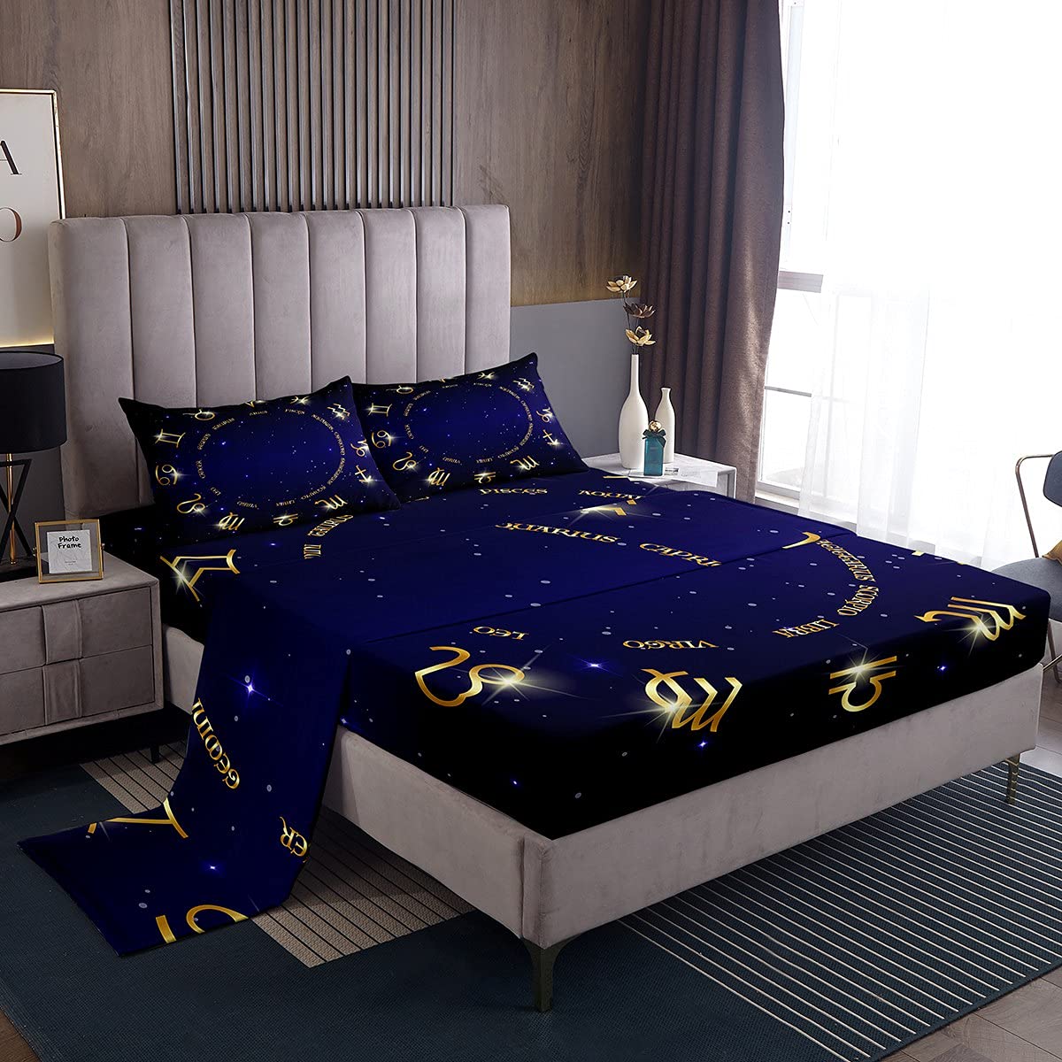 12 Zodiac Constellation Full Size Bed Sheet Set 4-Piece - Deep Pocket Fitted Sheet, Flat Sheet & 2 Pillowcases - Blue Starry Sky Design for Kids & Teens - Perfect for Astrology Lovers' Bedrooms, Dorm Rooms & Gift Giving
