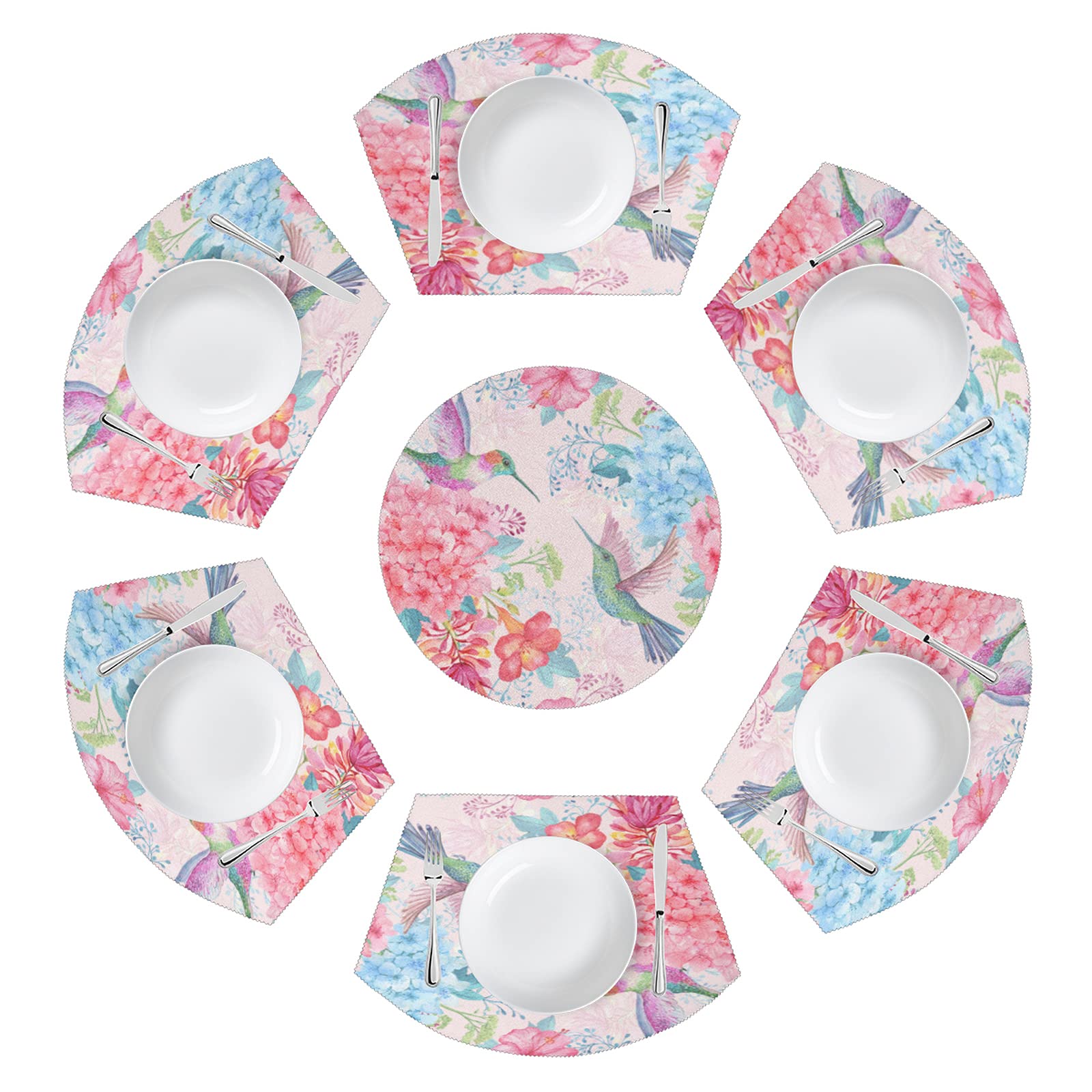 6-Piece Round Table Placemats Set with Hydrangea Hummingbird Design - Wedge Shaped & 1 Round Heat-Resistant, Stain-Resistant, Non-Slip Placemats for Dining - Washable Kitchen Table Mats for Home, Farmhouse Decor - Perfect for Dinner Parties, Family Gatherings & Everyday Use