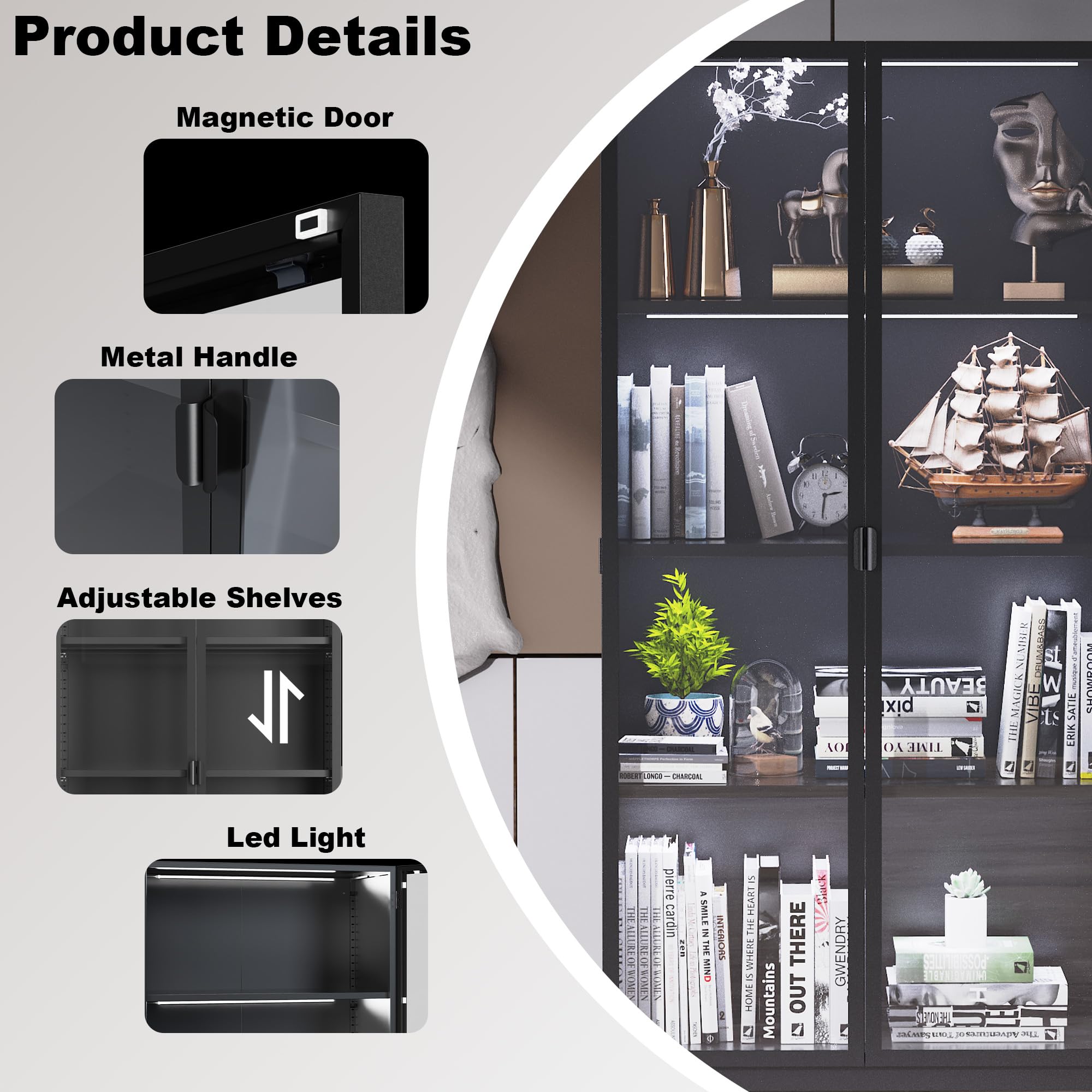 Glass Display Cabinet with LED Lights & Adjustable Shelves - Perfect for Living Room & Office